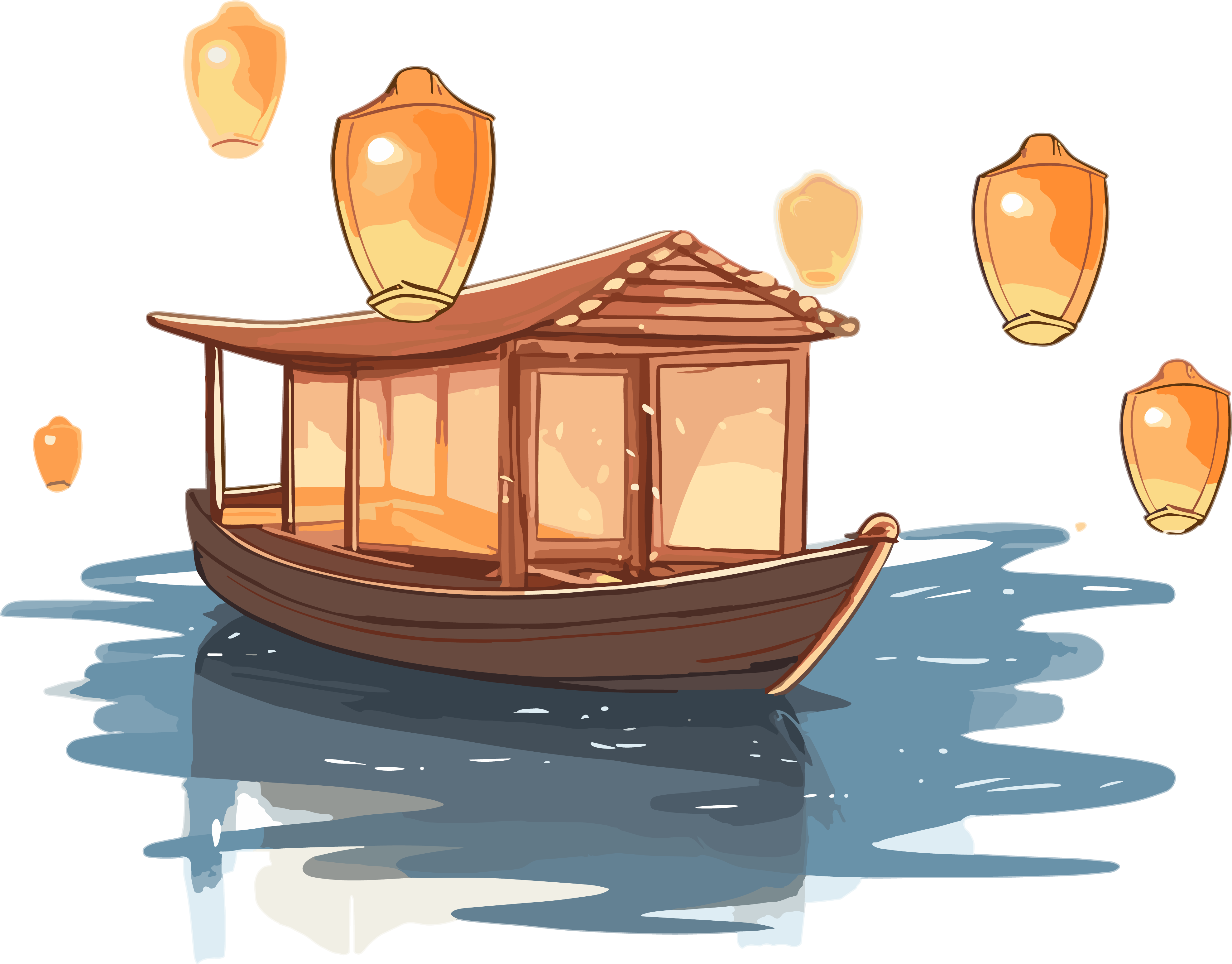 Transparent background wooden boat Kongming lantern illustration design material