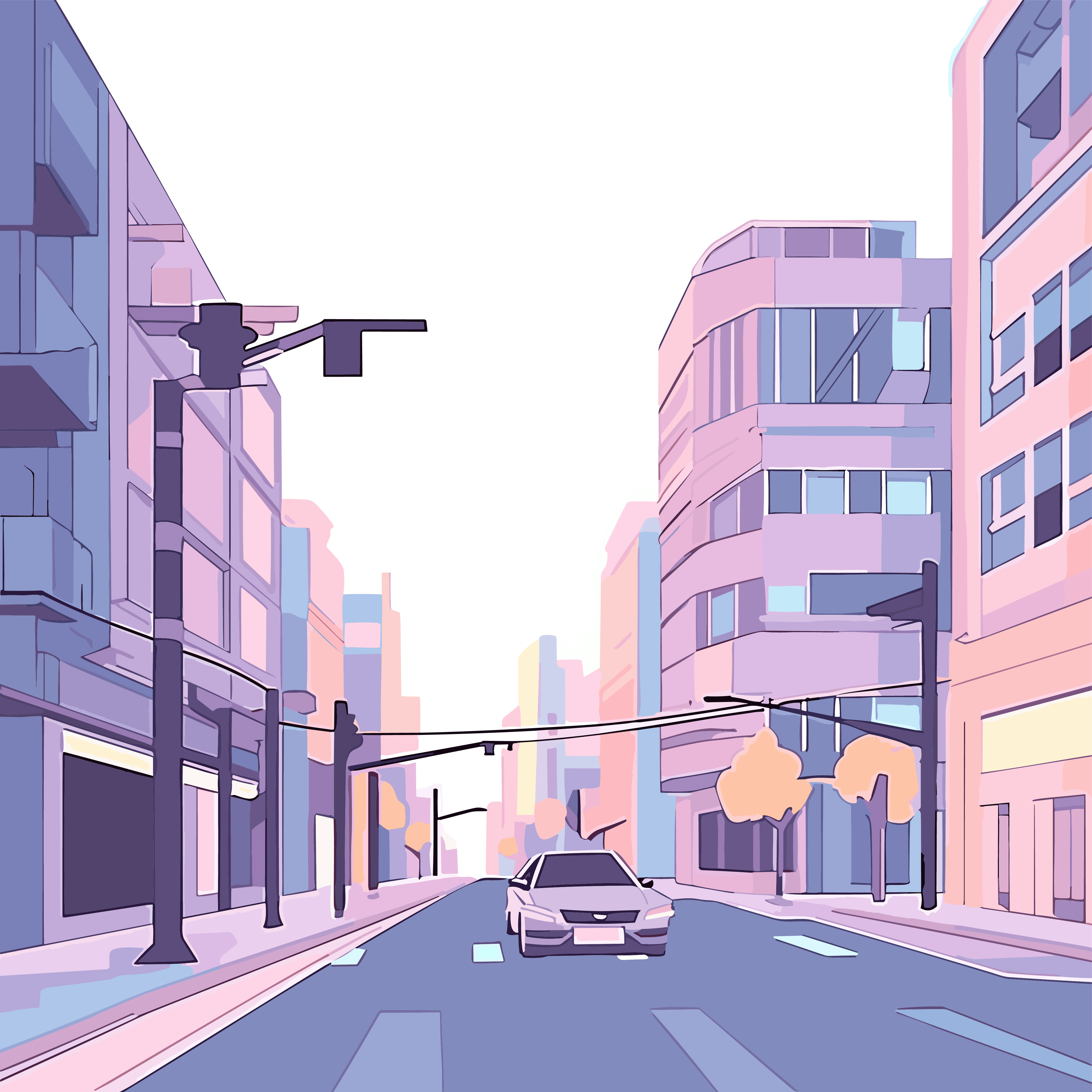 Hand-drawn style city street PNG graphic material