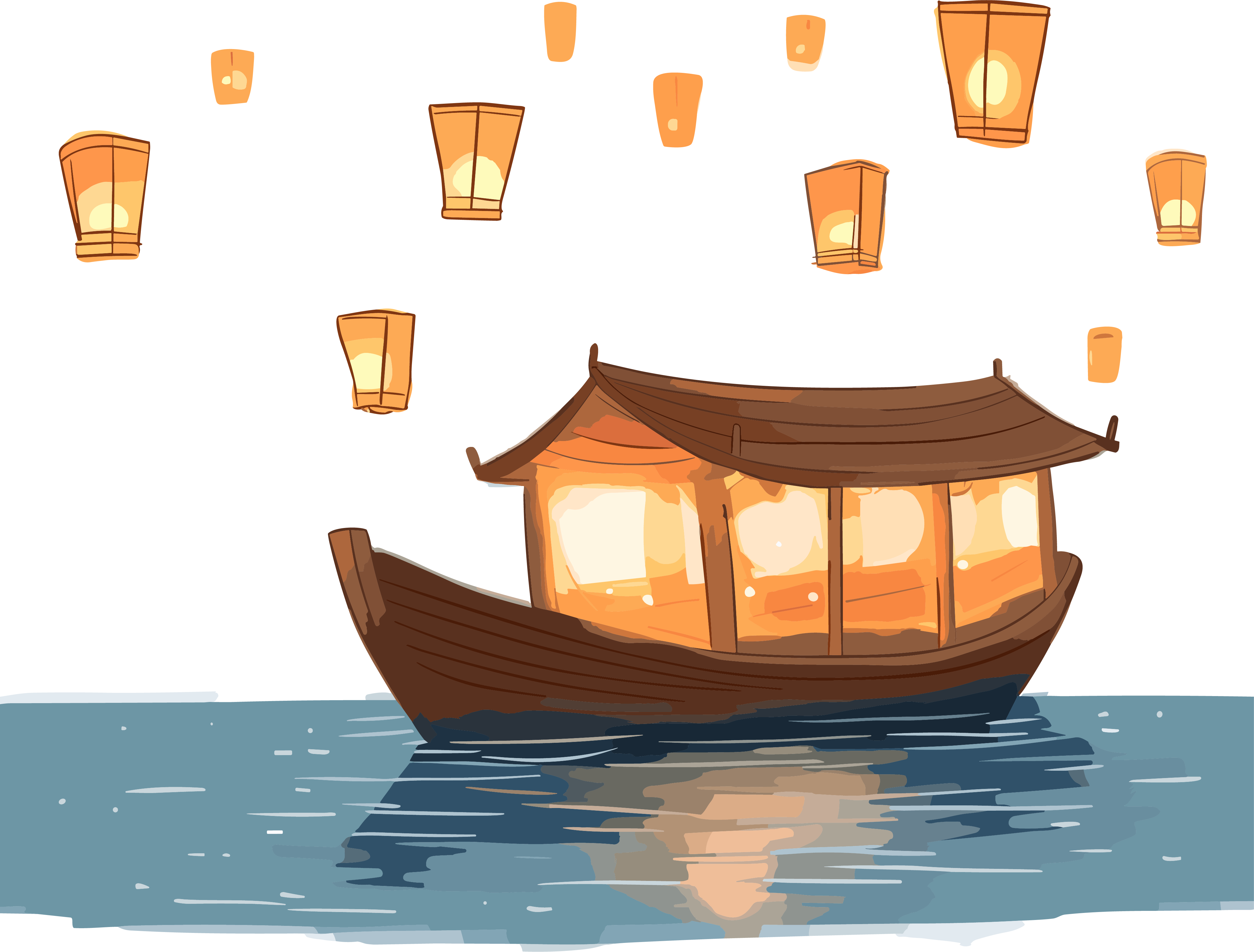 Hand-drawn wooden boat and Kongming lantern illustration design