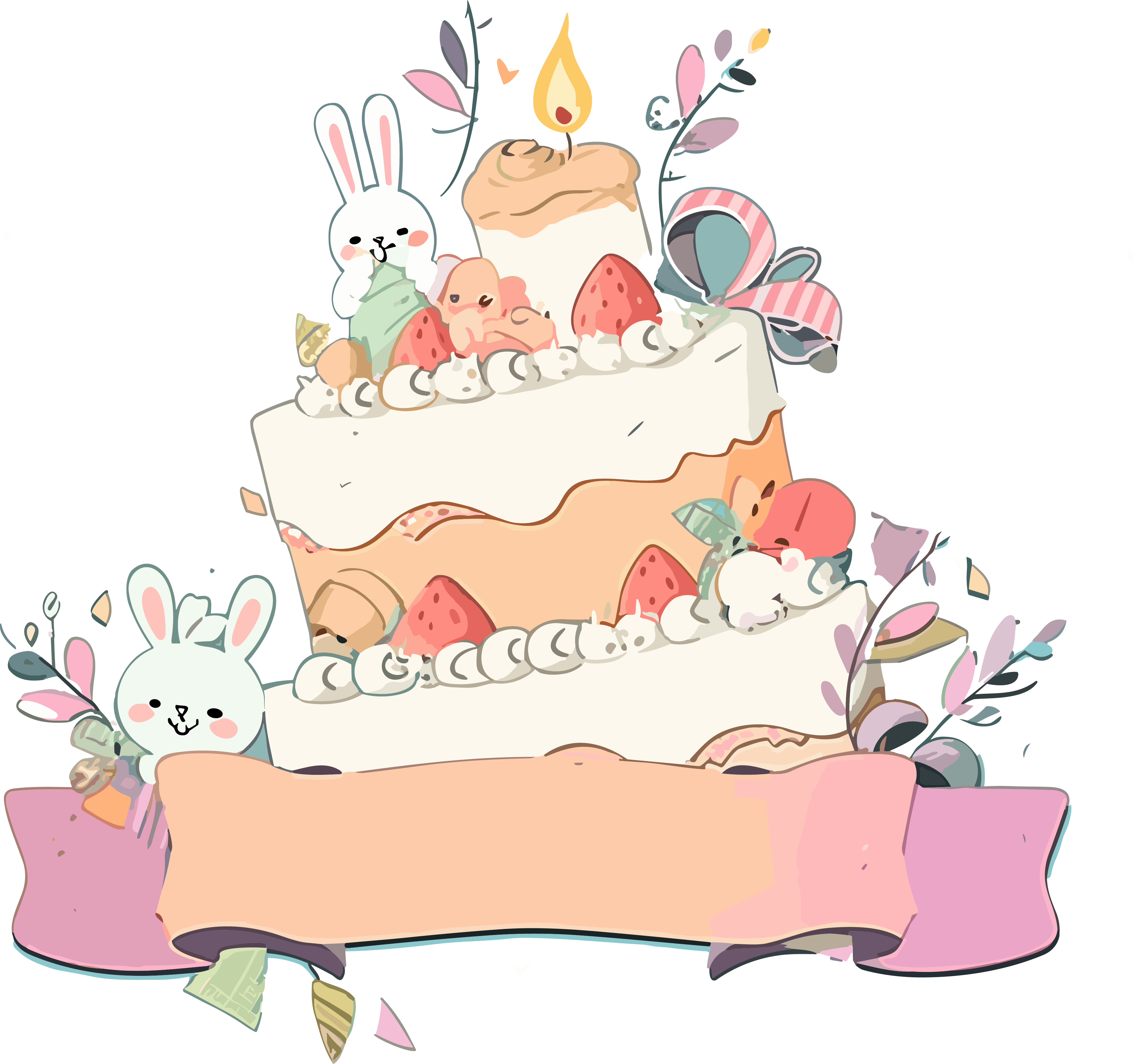 Little Rabbit Cake Transparent Background Birthday Card Illustration
