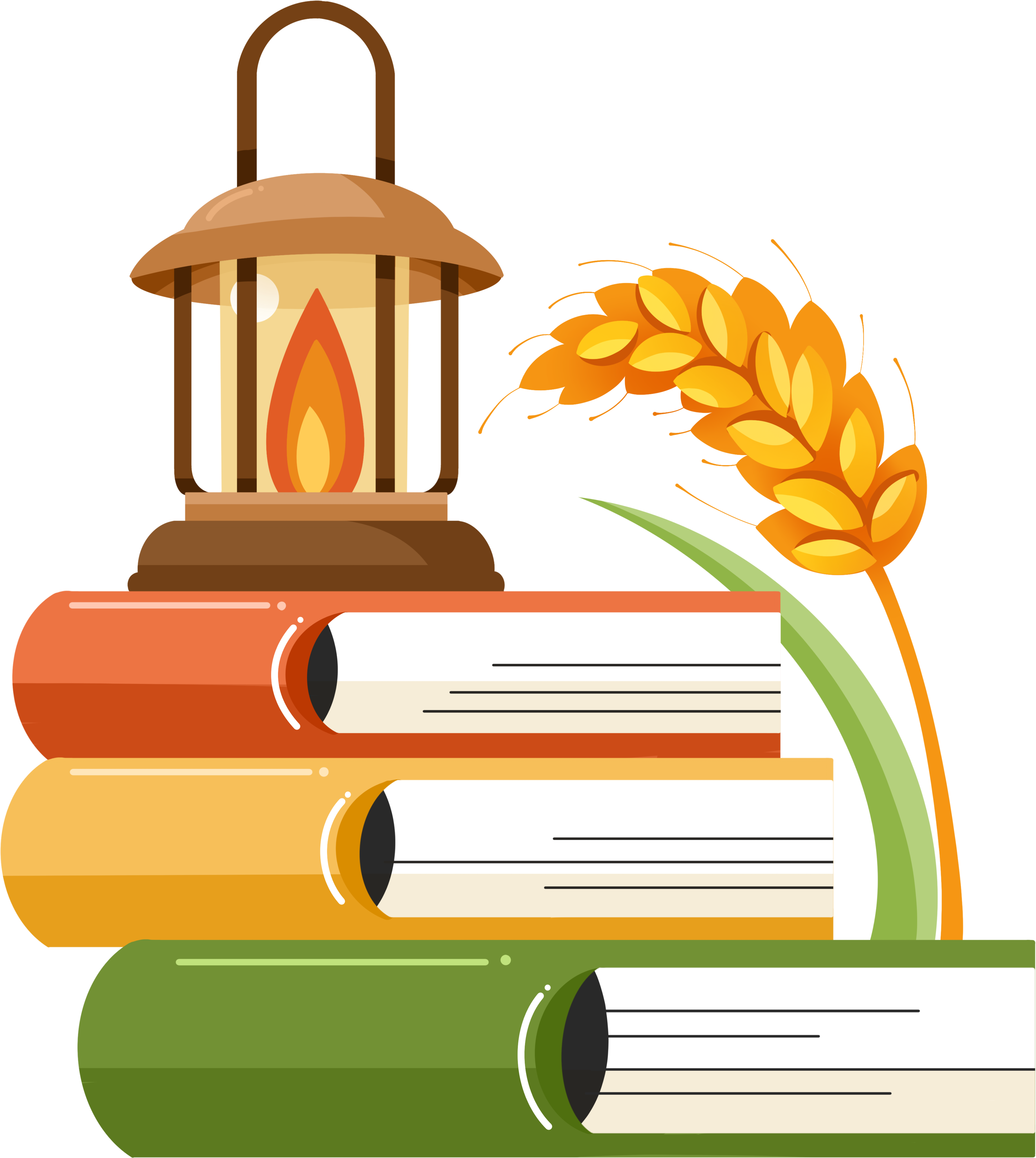 Creative illustration of an oil lamp on a book with golden autumn wheat ears for commercial use
