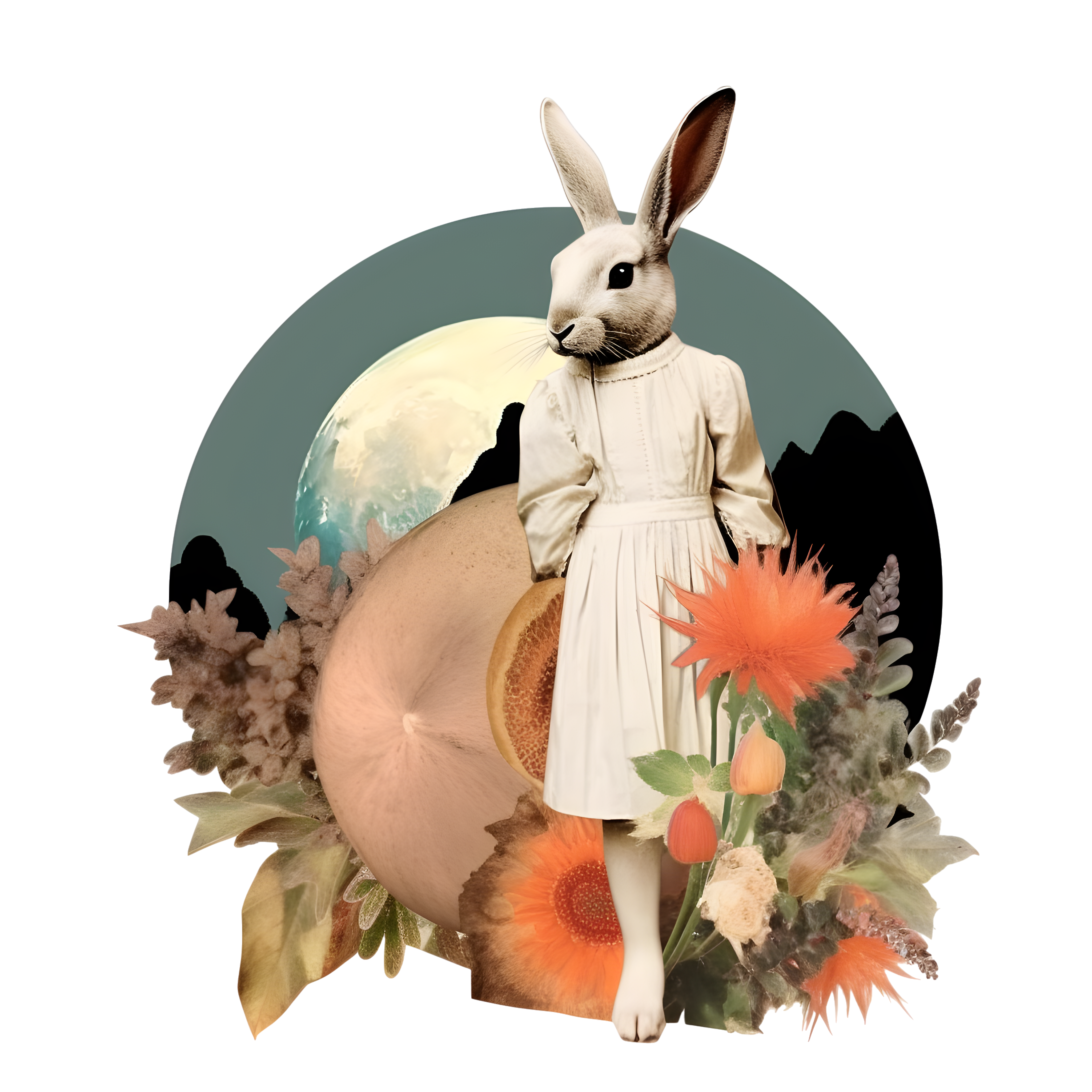 Retro style white background transparent background rabbit dress moon plant collage art elements