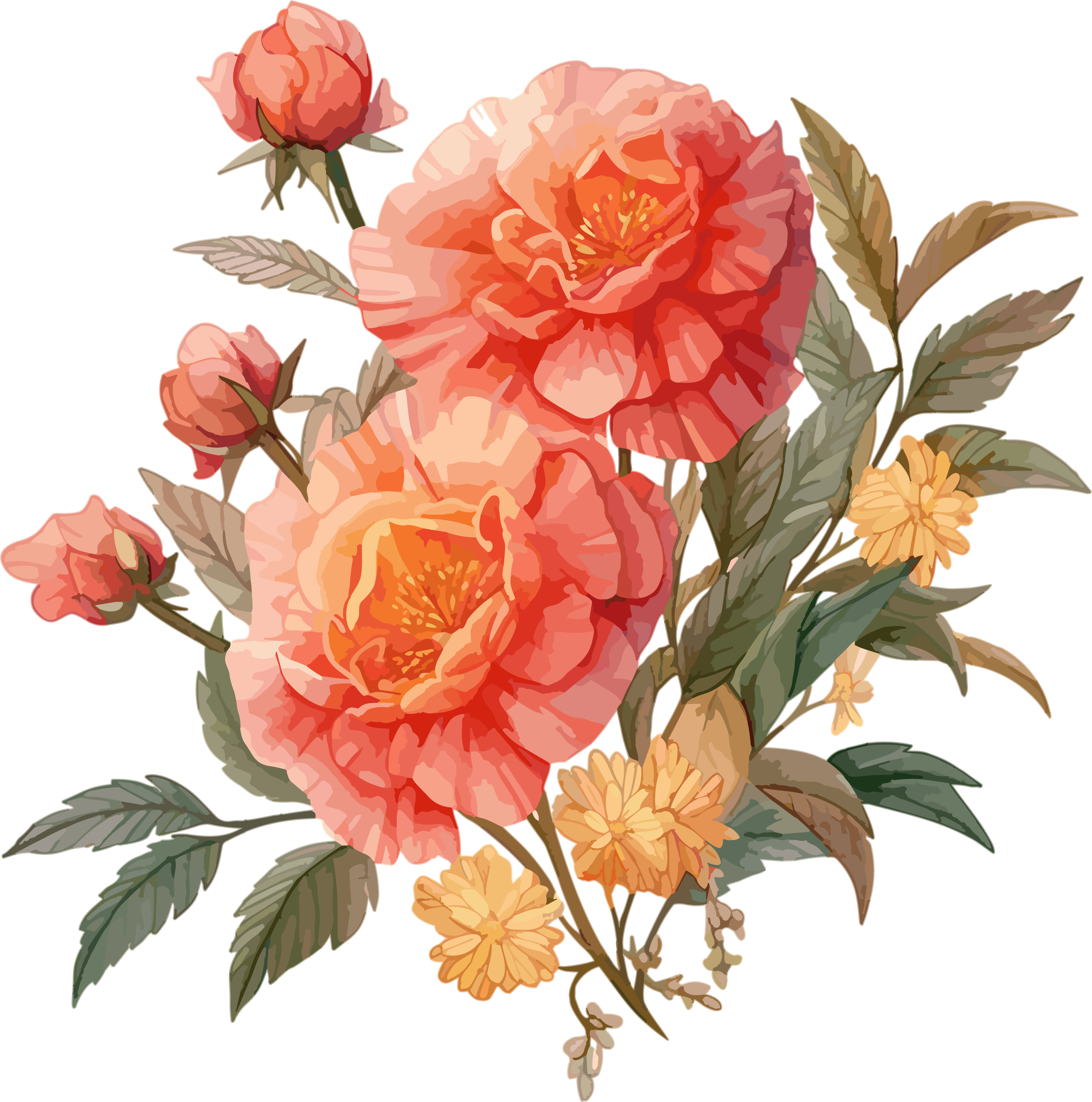 Watercolor material of red and orange roses