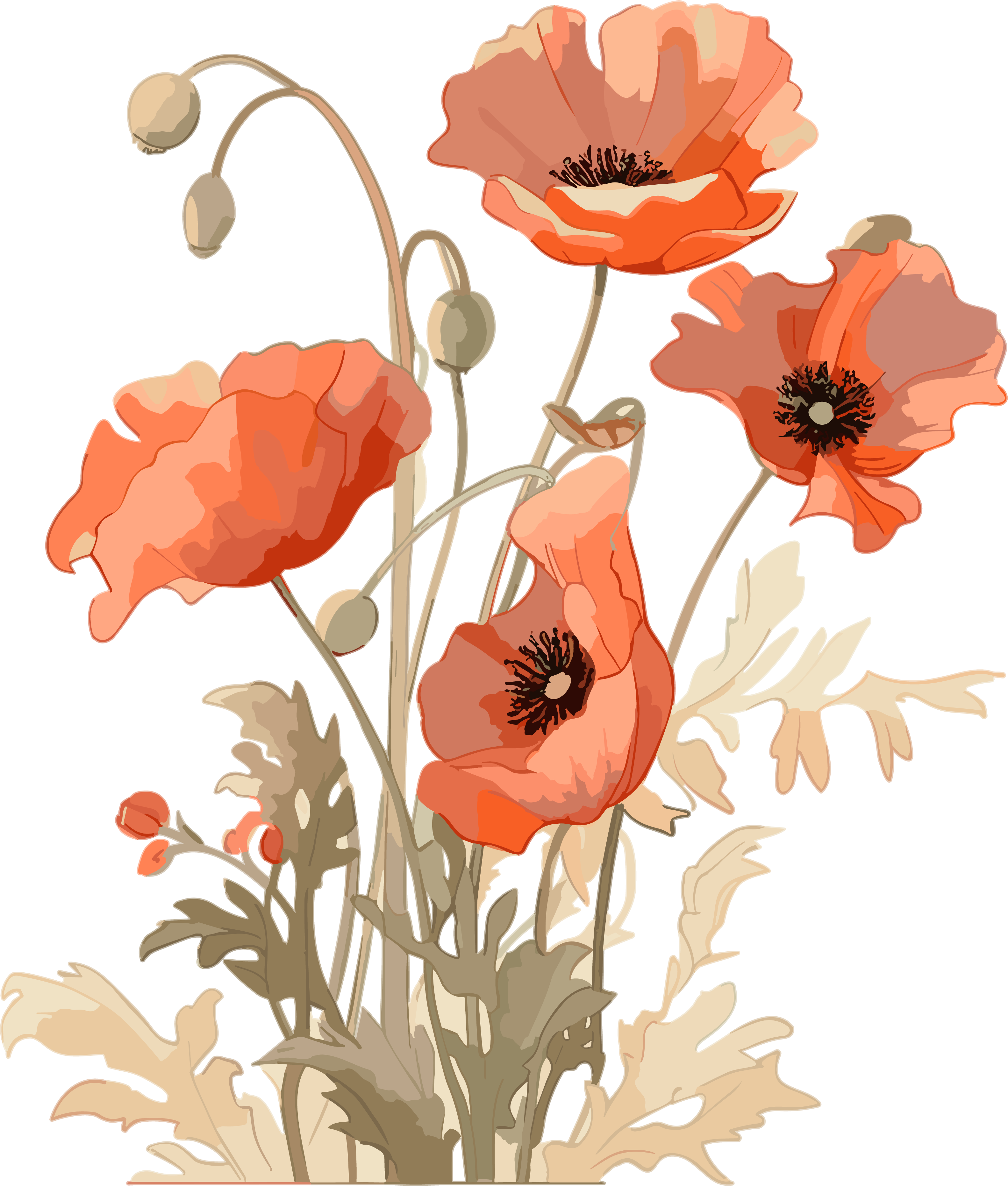 Illustration of flowers in light orange and deep beige style