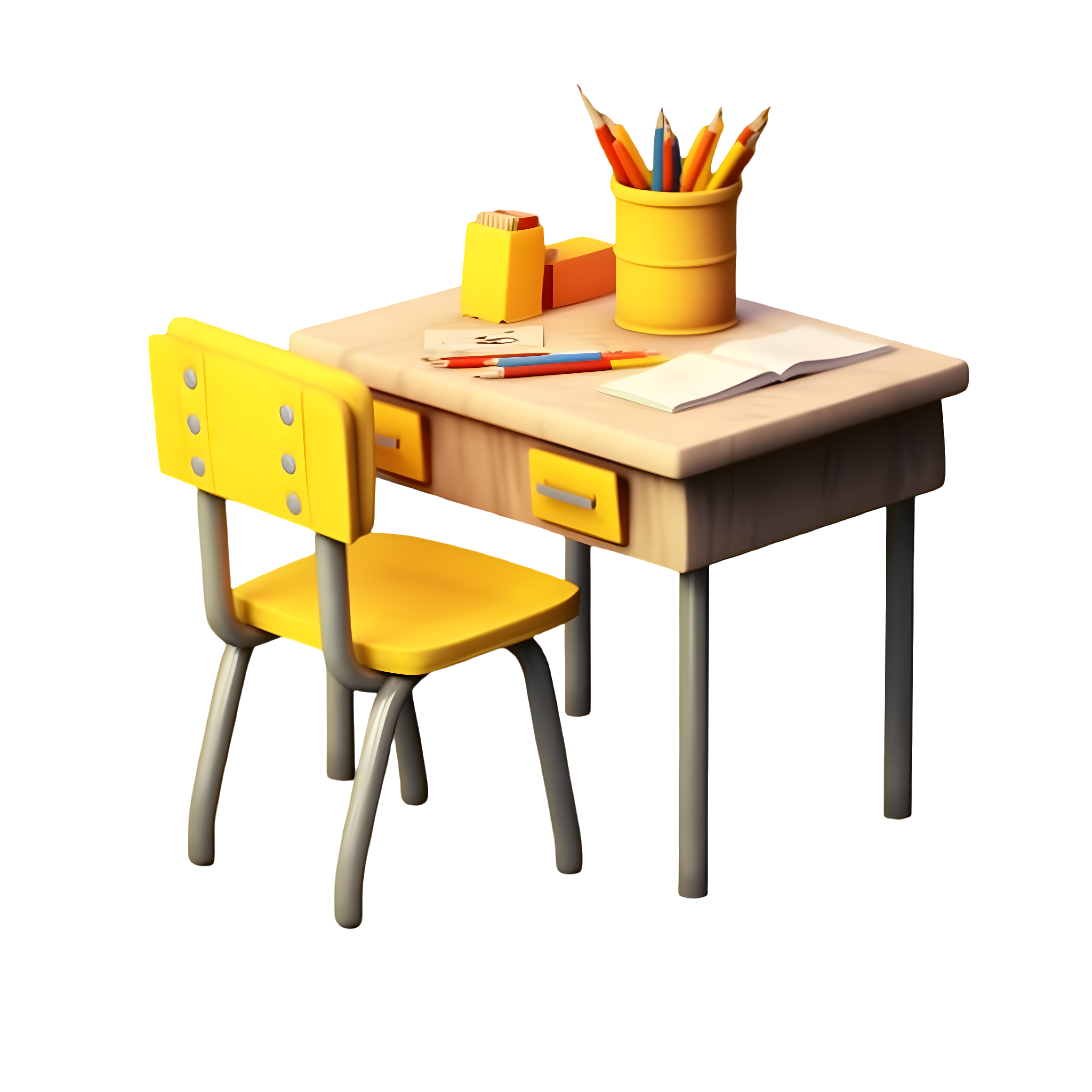 Illustration of a yellow and white table with books and learning supplies