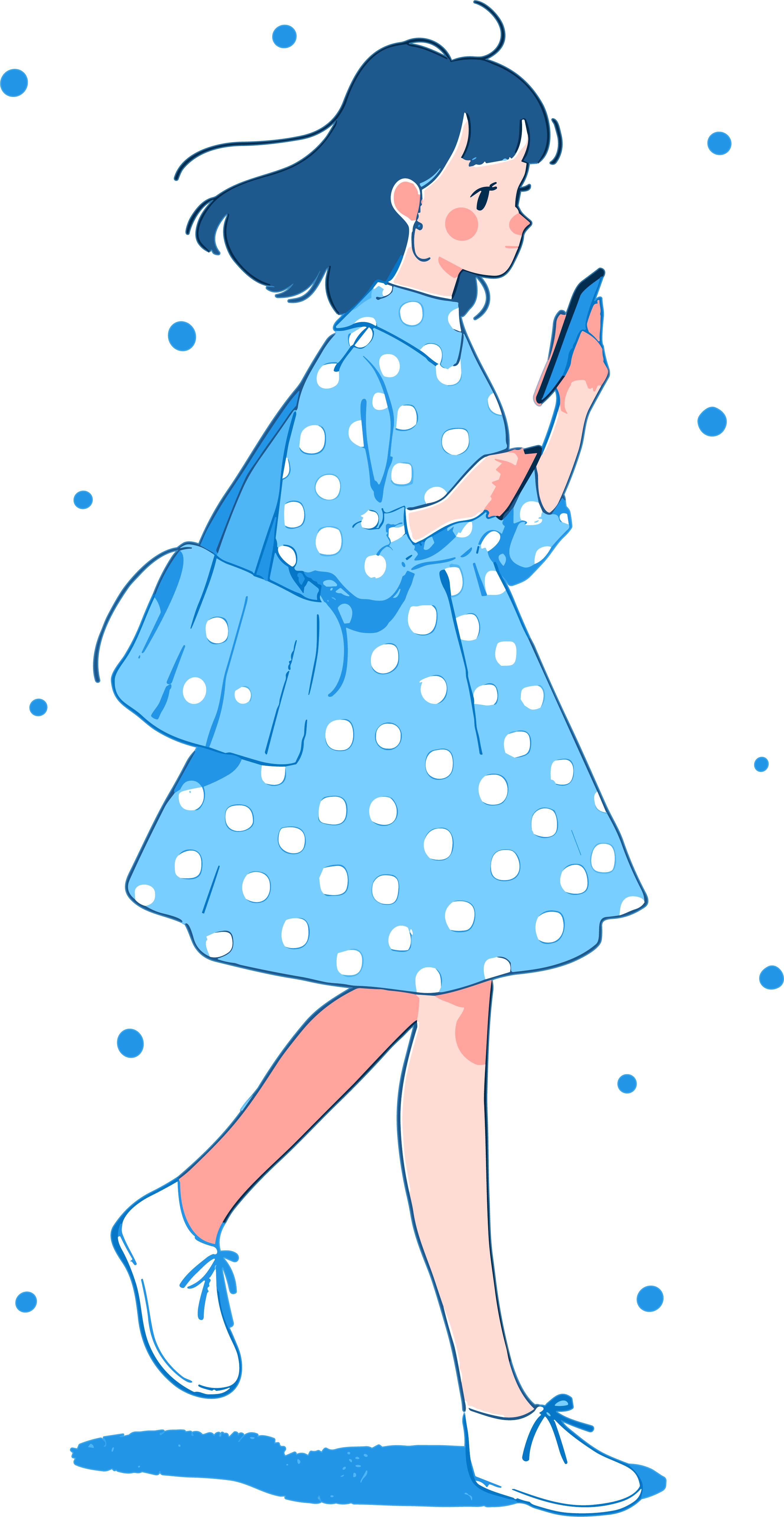 A simple and charming blue polka dot dress cartoon girl illustration design