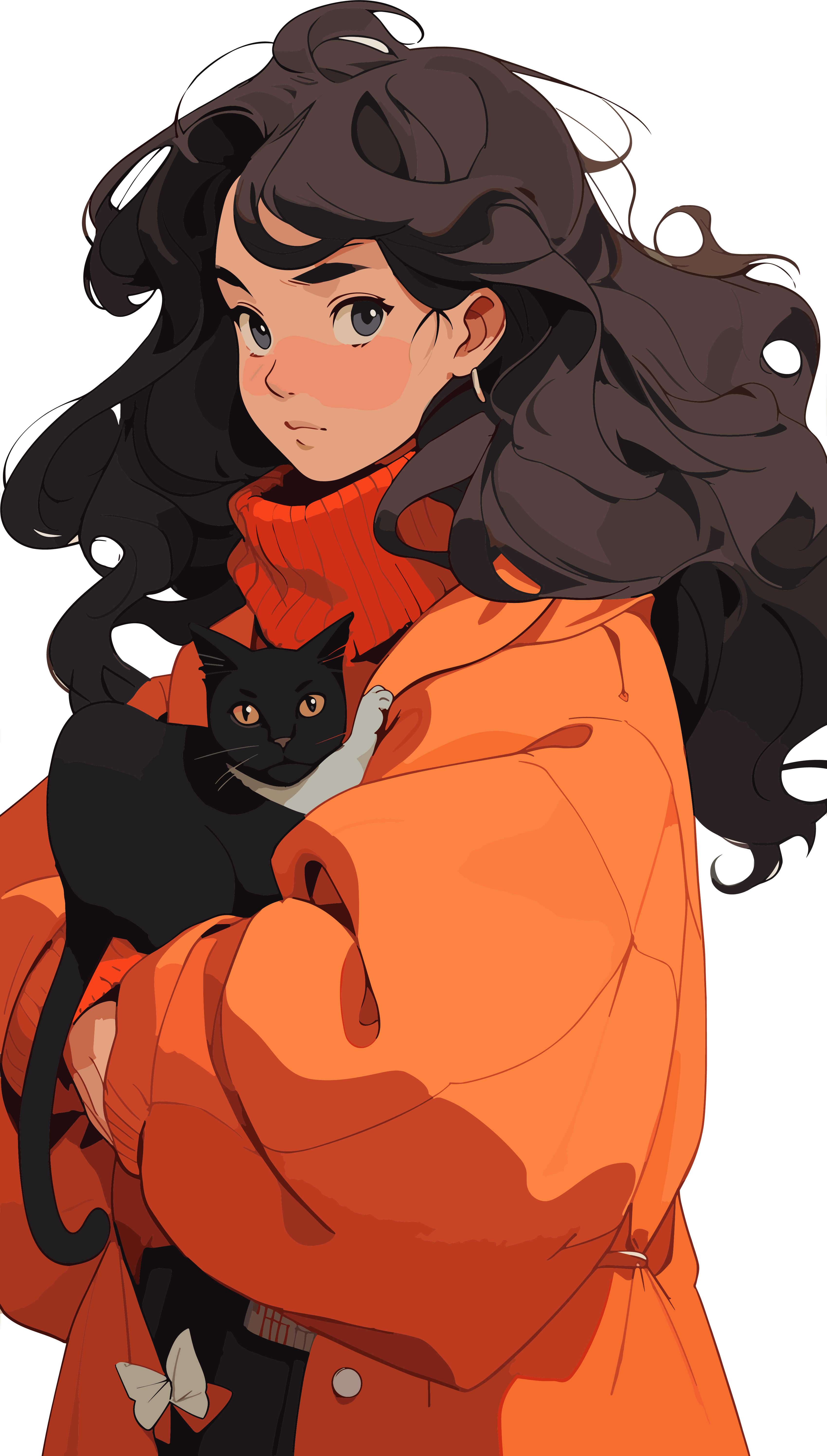 Illustration of a woman in an orange coat with a black cat
