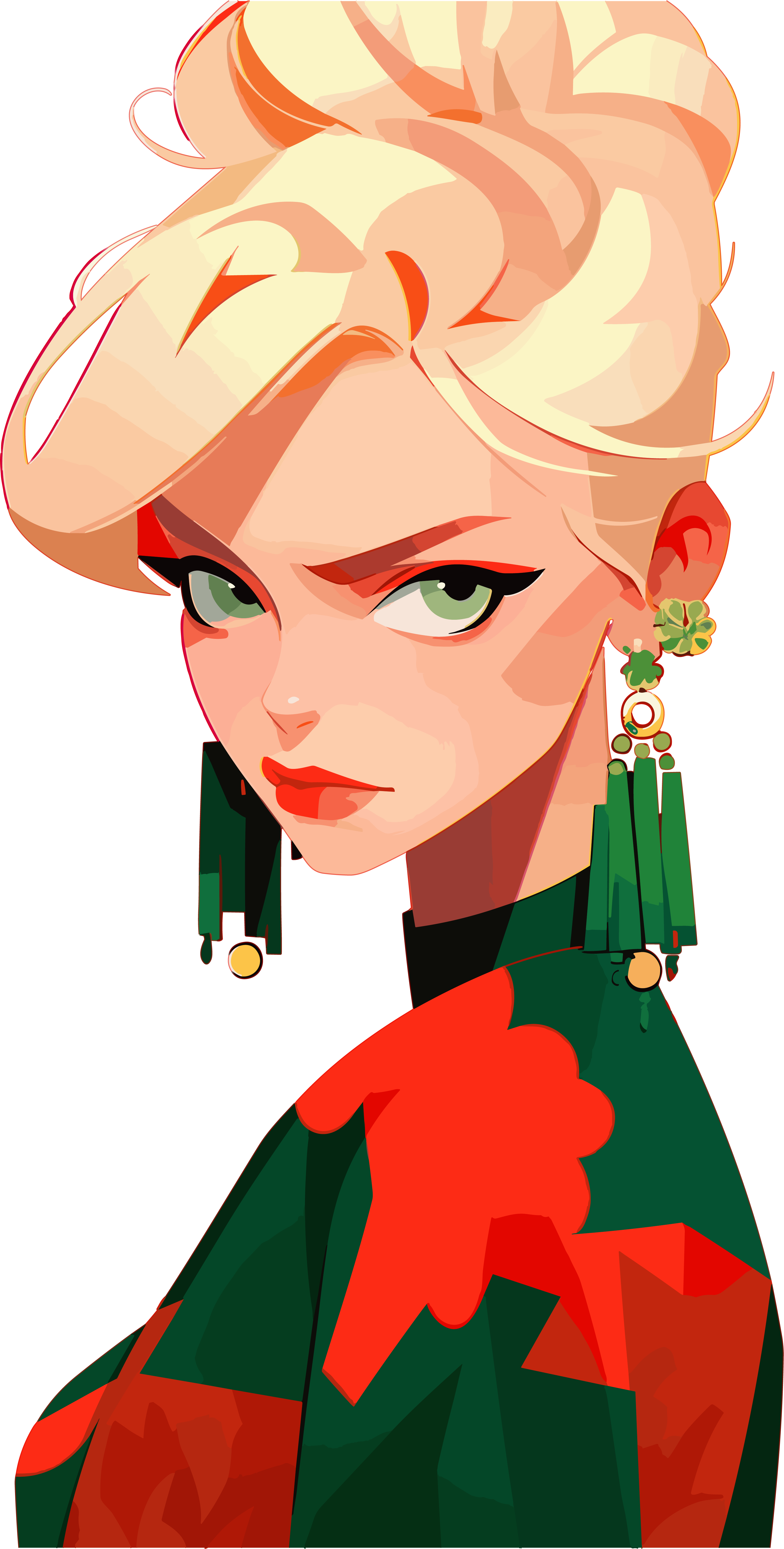 Fashion illustration in red and green style: blonde girl with green earrings