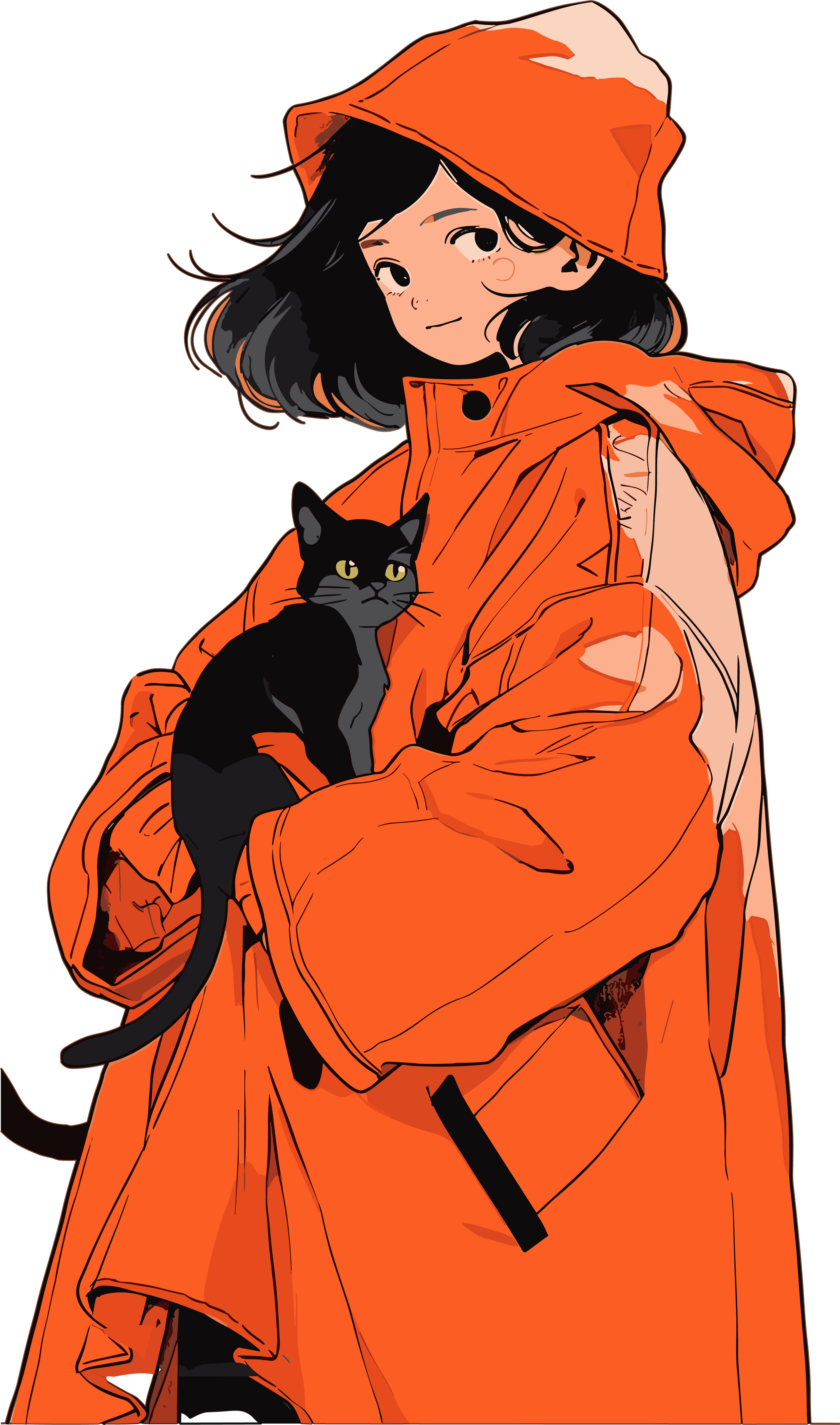 Orange coat woman holding a black cat