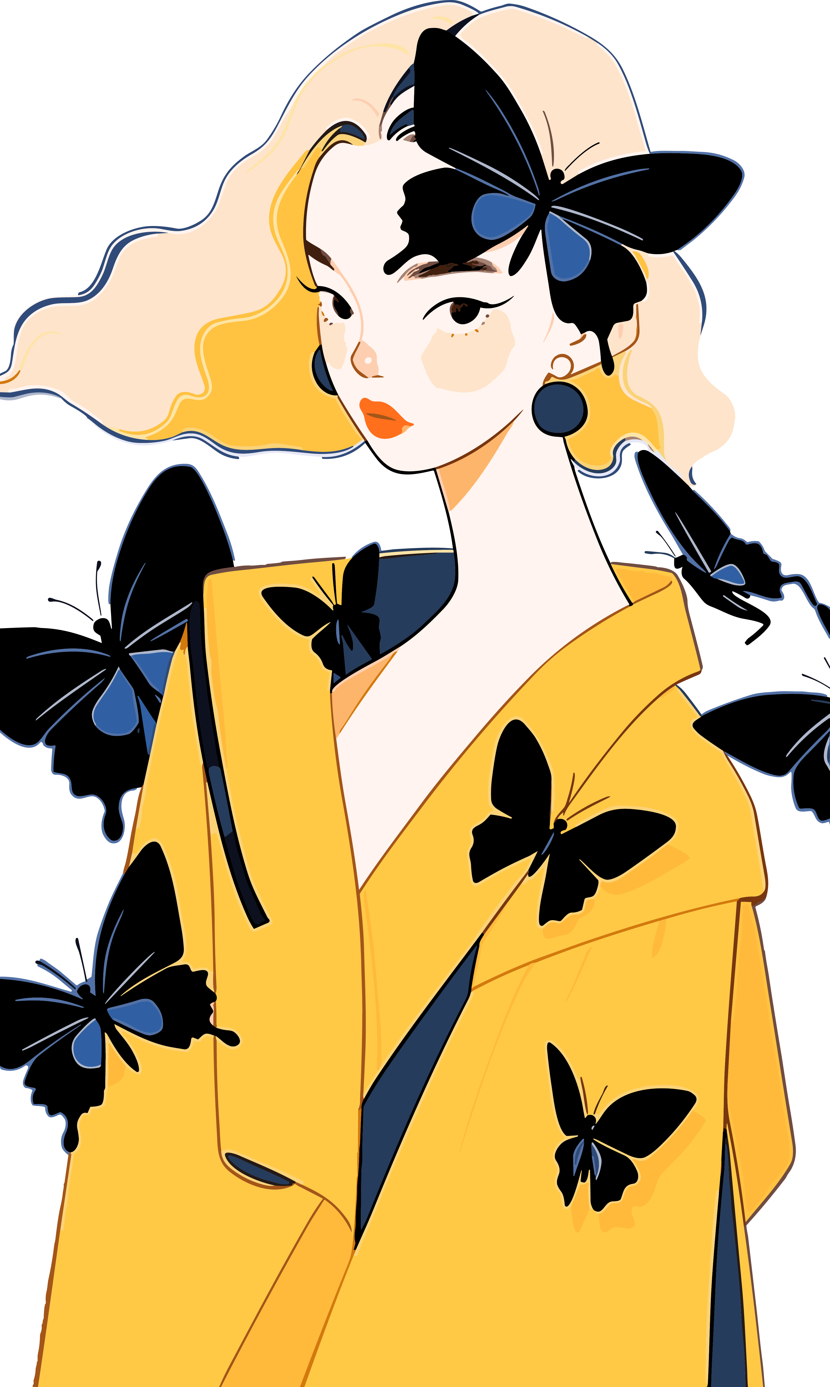 Yellow and dark blue vector flat fashion character illustration design