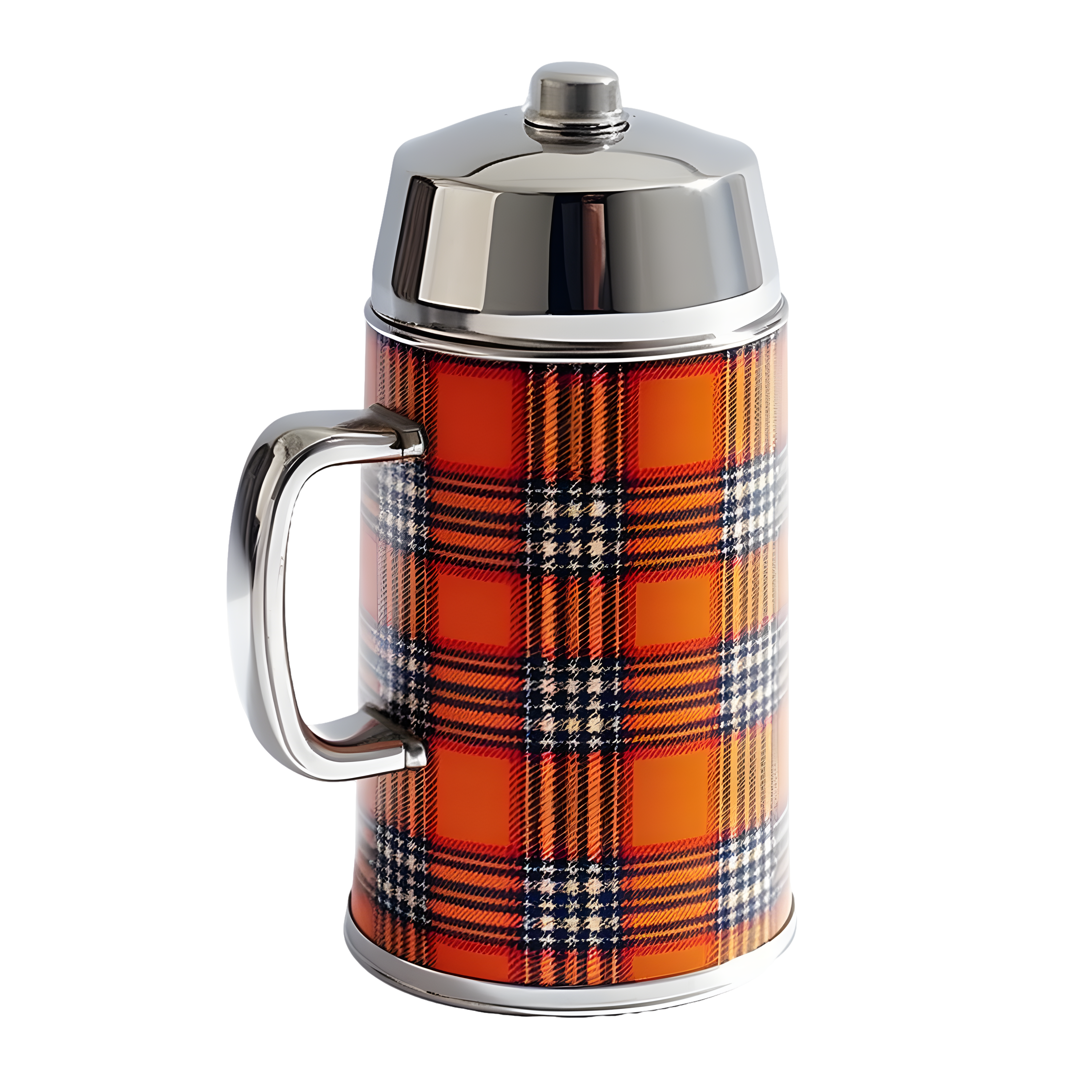Illustration of a warm kettle with dark orange and silver checkered handle