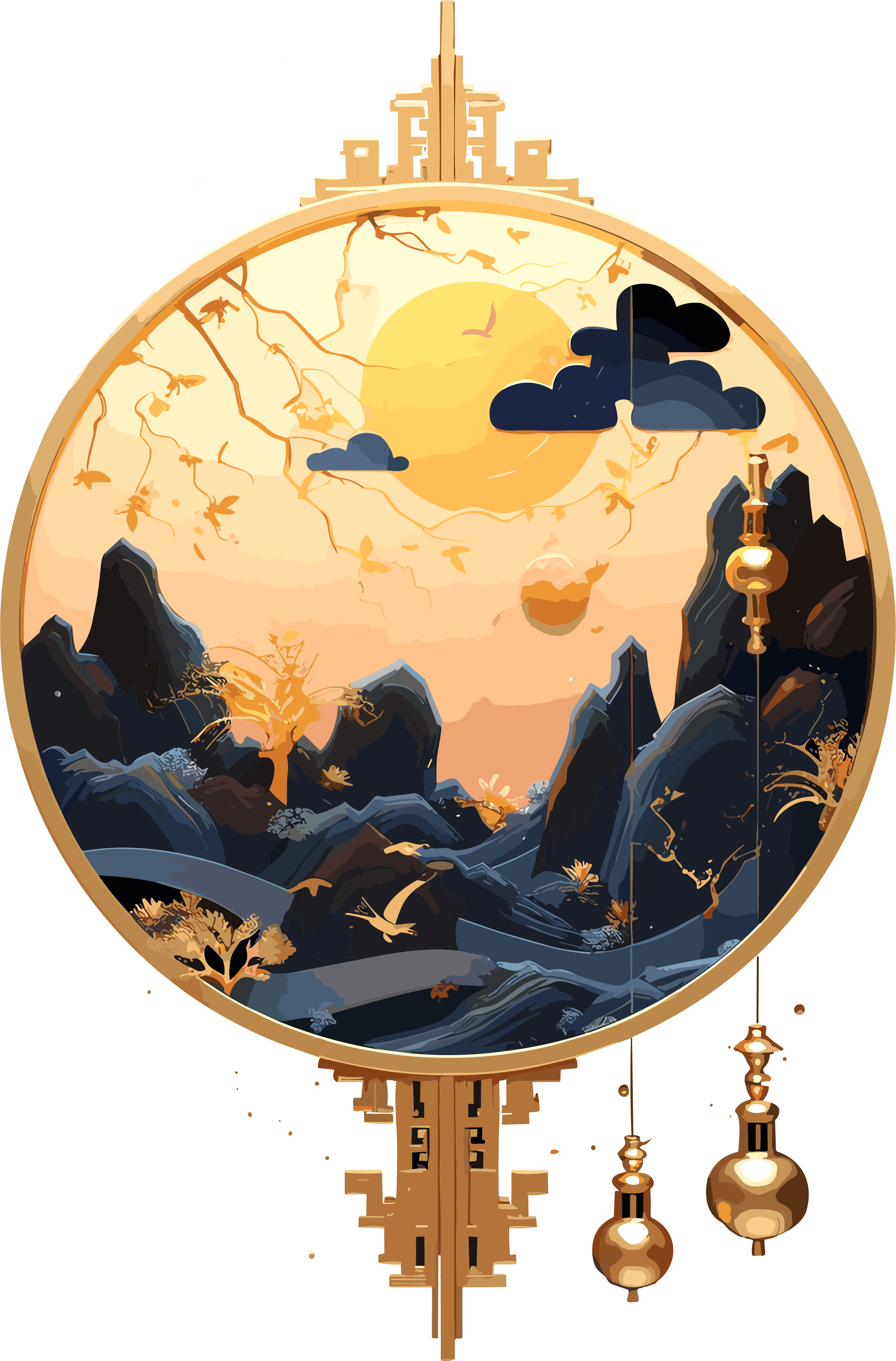 Romantic Childlike Innocence: Dark Gold and Dark Blue Chinese Style Lantern Illustration Material
