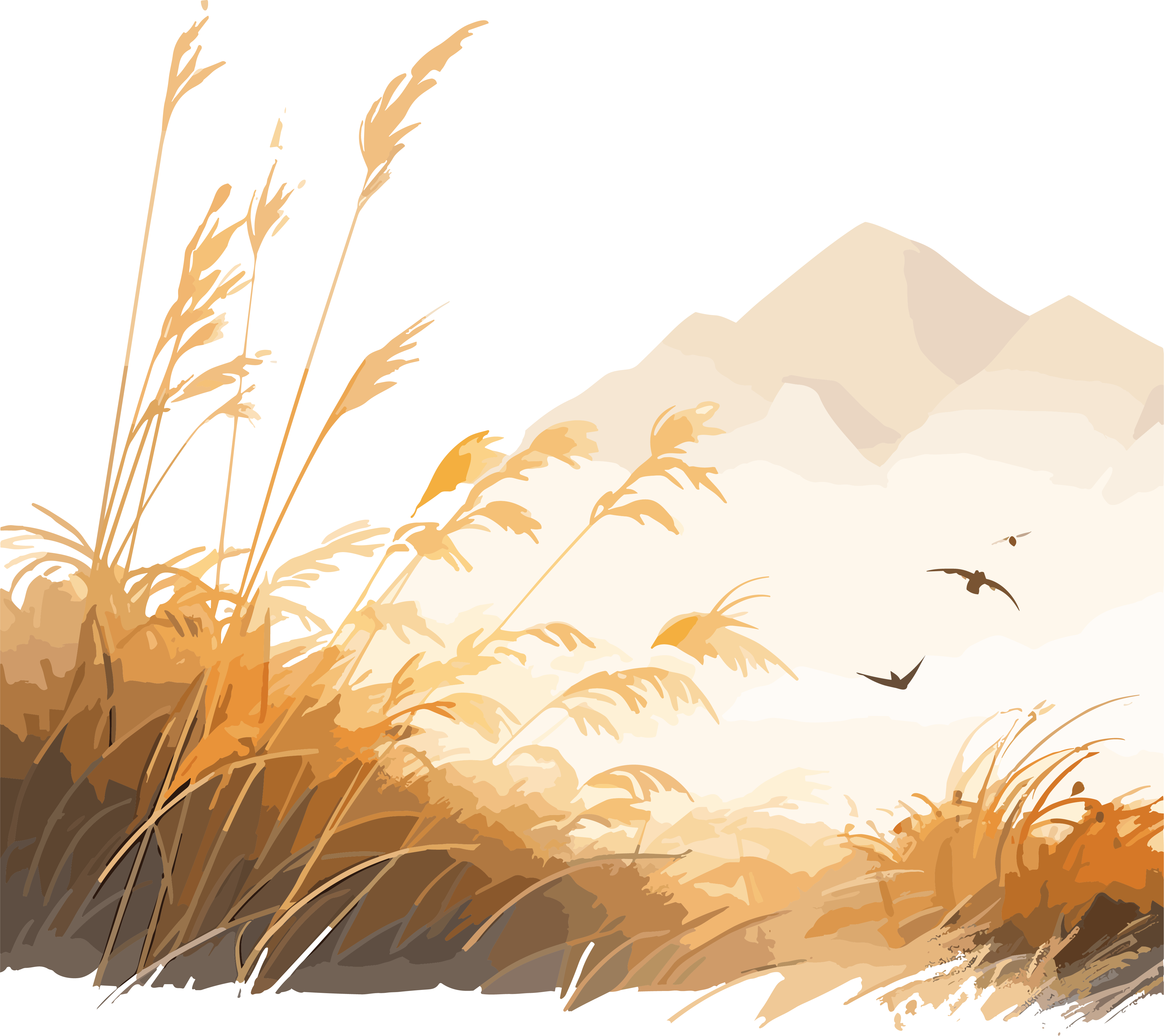 A watercolor painting of golden grassland on a mountain in the style of the Western Zhou period, featuring birds and raptors.