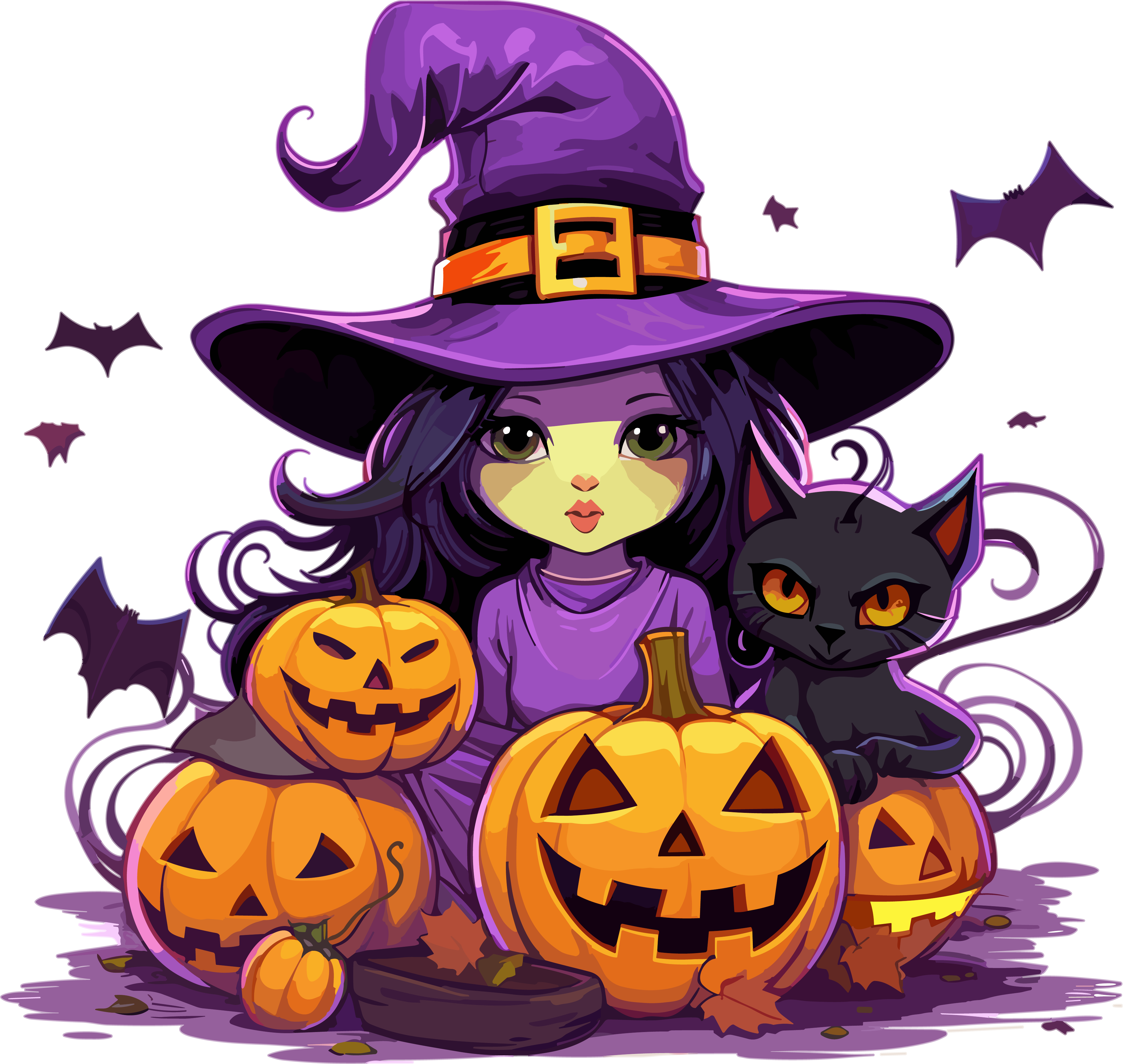 Halloween little witch and cat purple orange animated GIF graphic material