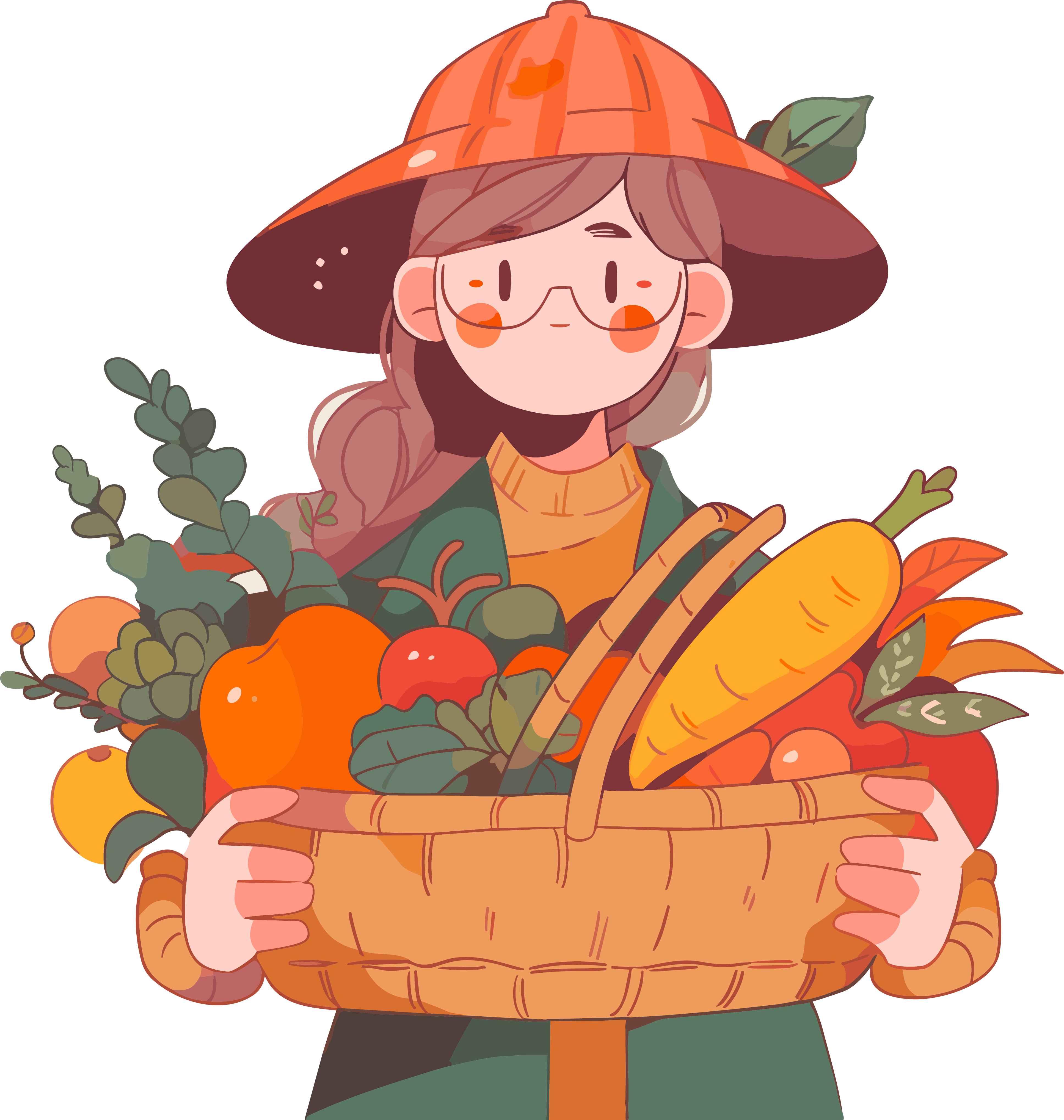 An animated little girl in orange and brown style carrying a basket full of vegetables and holding a hat.