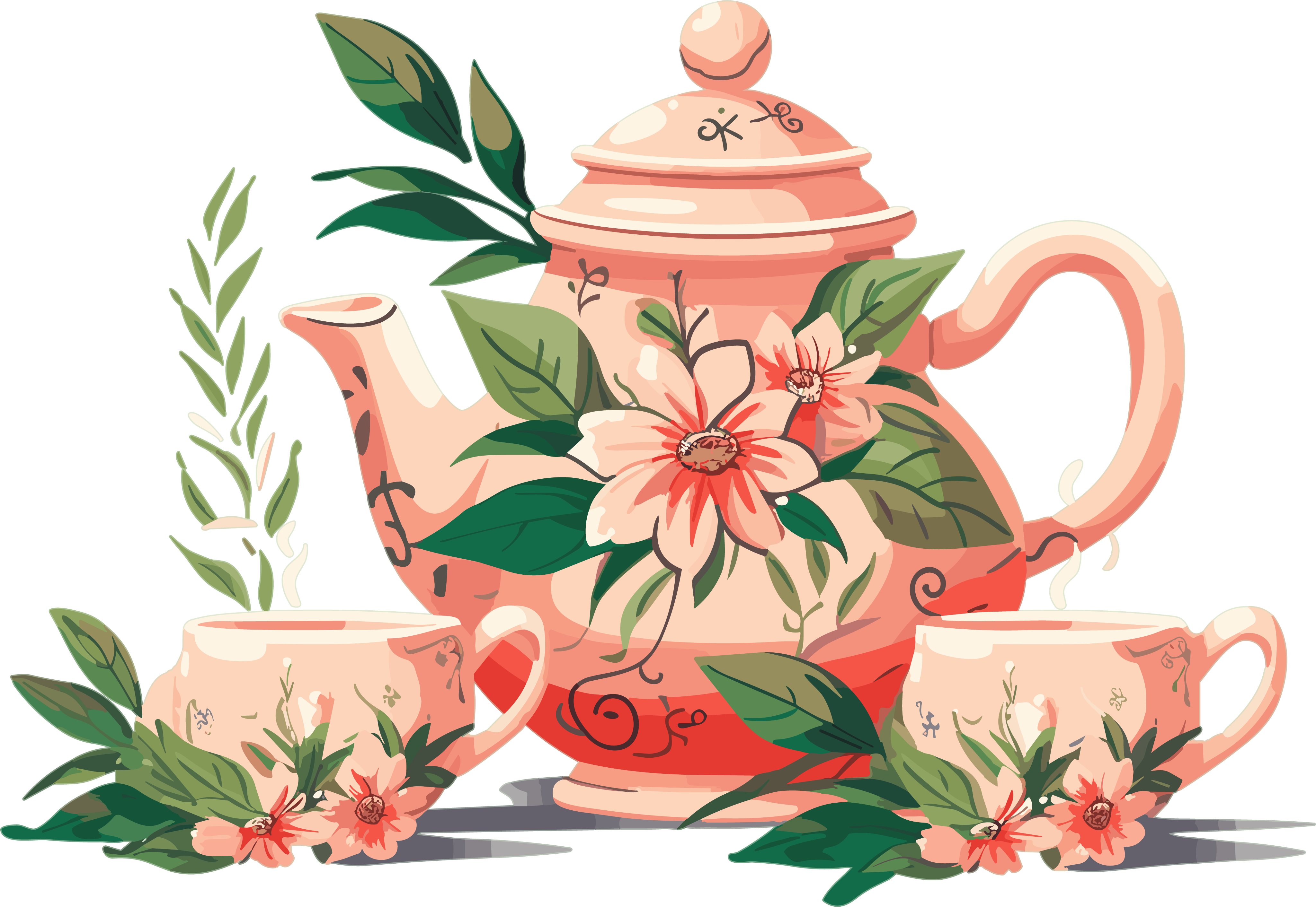 Tropical Symbolism Style Pattern Teaware and Cup PNG Graphic Design Material