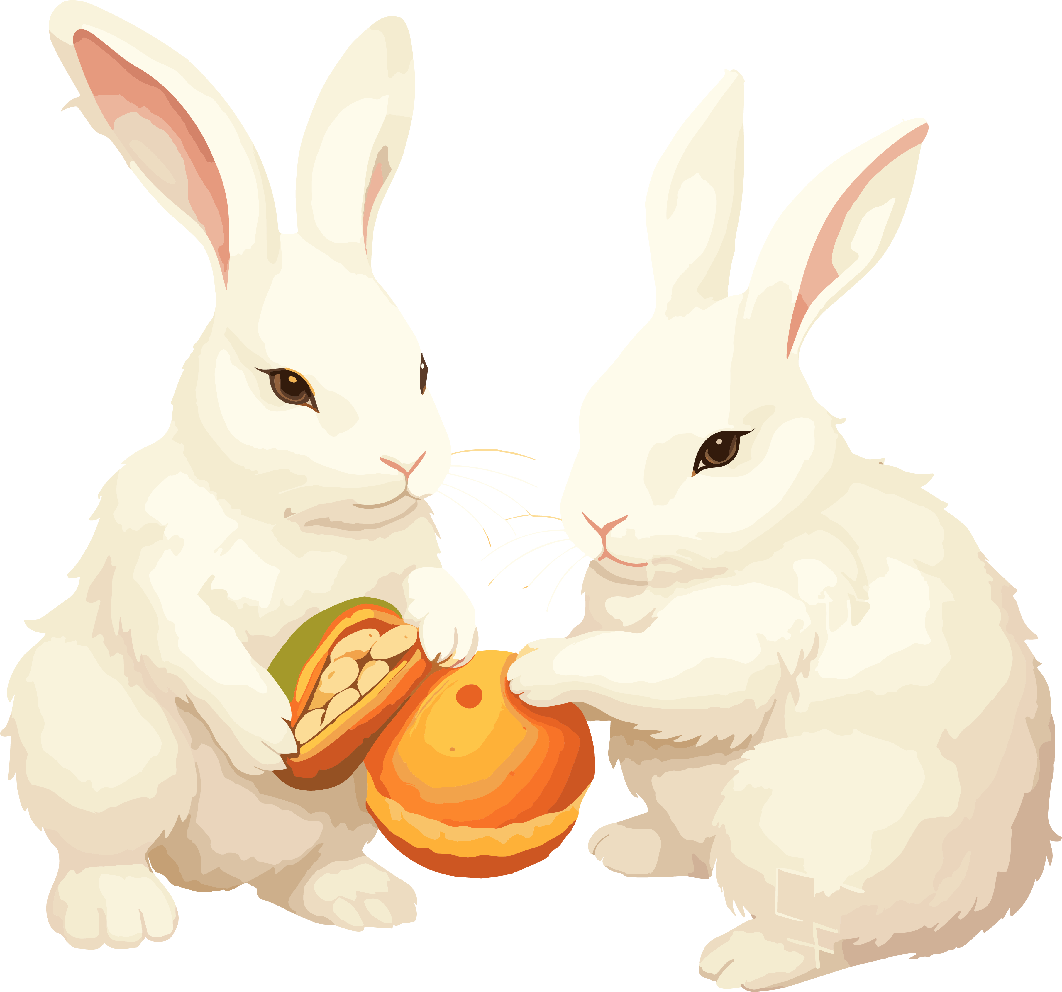 Illustration of two white rabbits holding food for the Mid-Autumn Festival