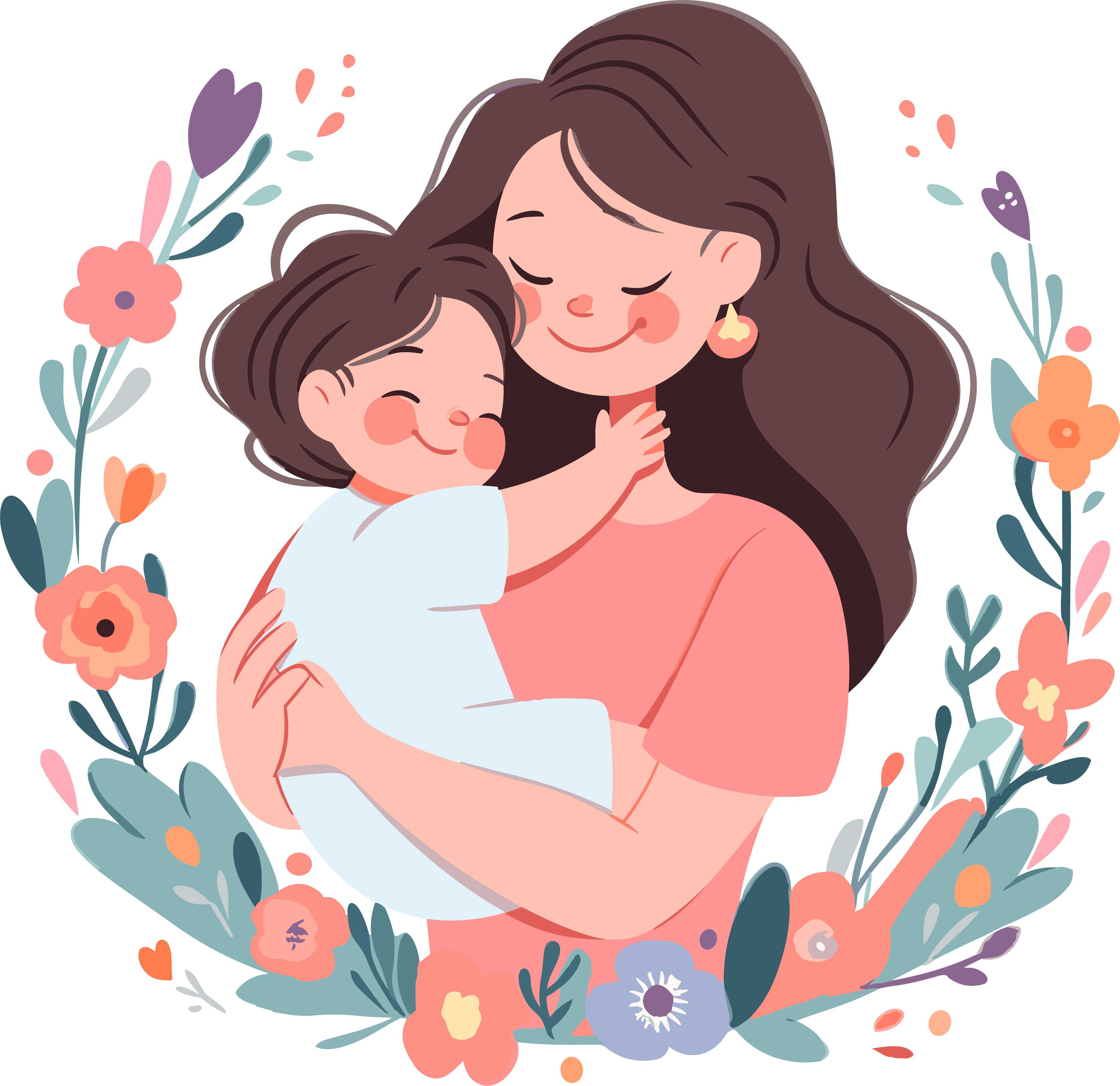 Hand-drawn illustration of a mother holding her daughter's hand