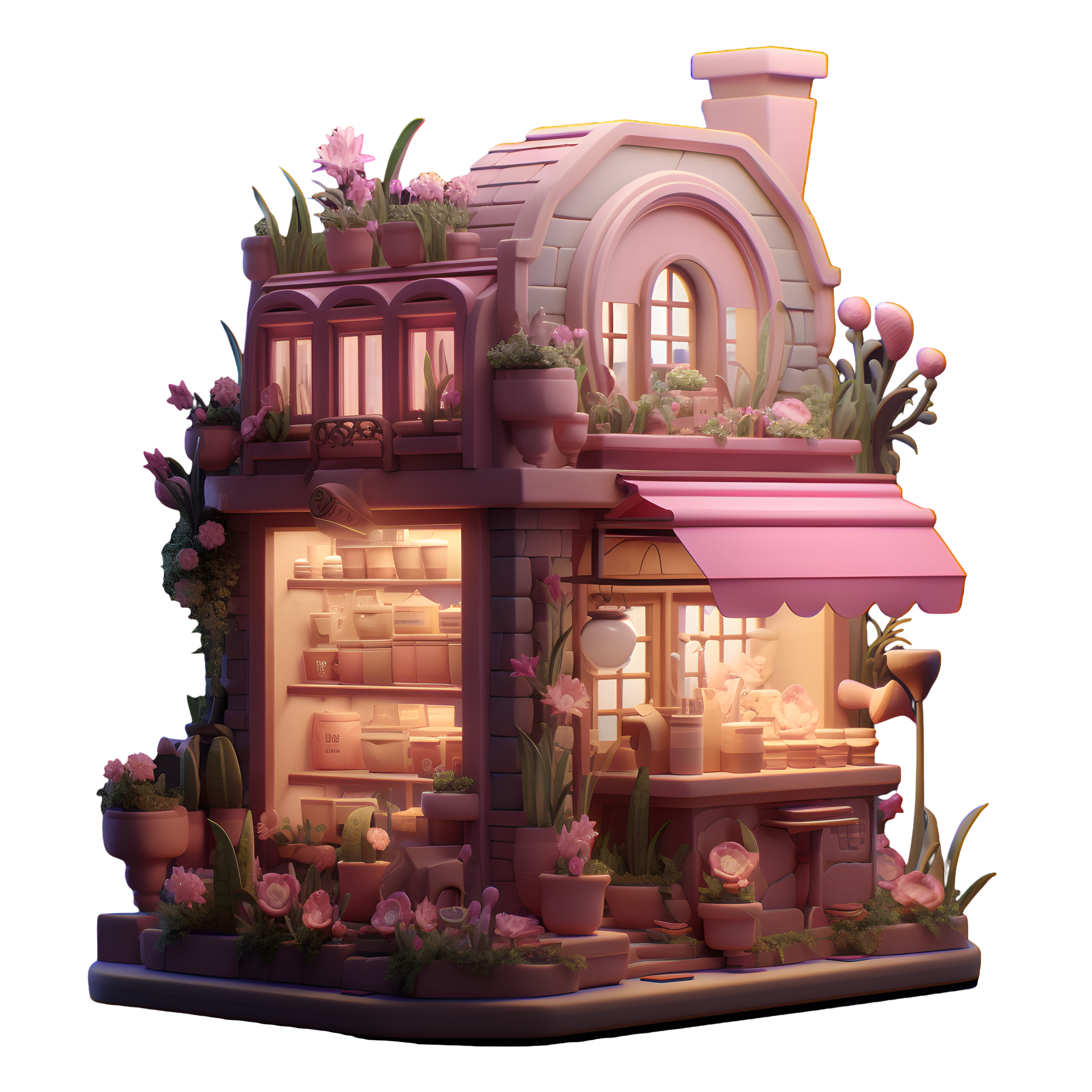 Surreal still life pink wooden house illustration material