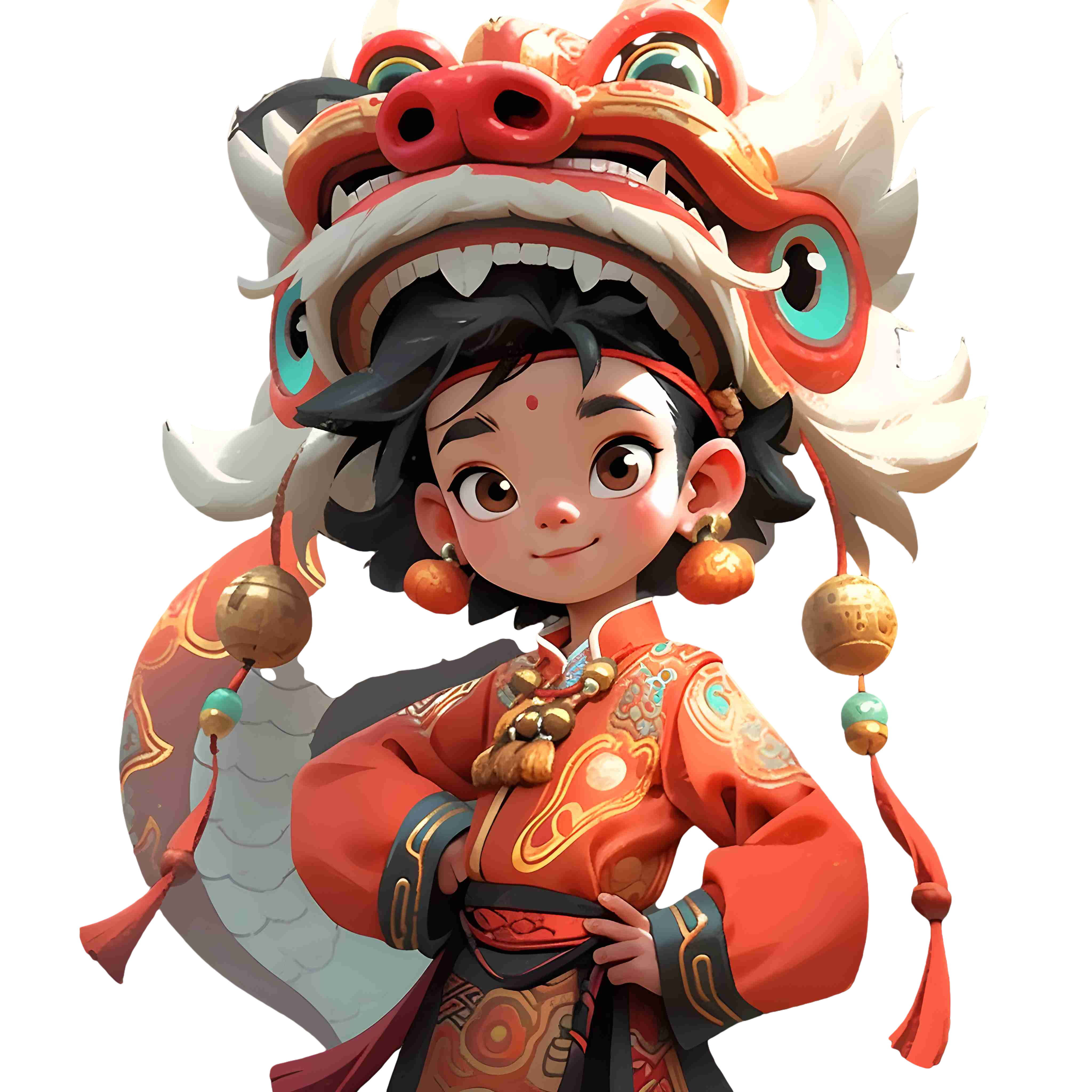 Illustration design materials of red and white lions and cartoon-style dragons