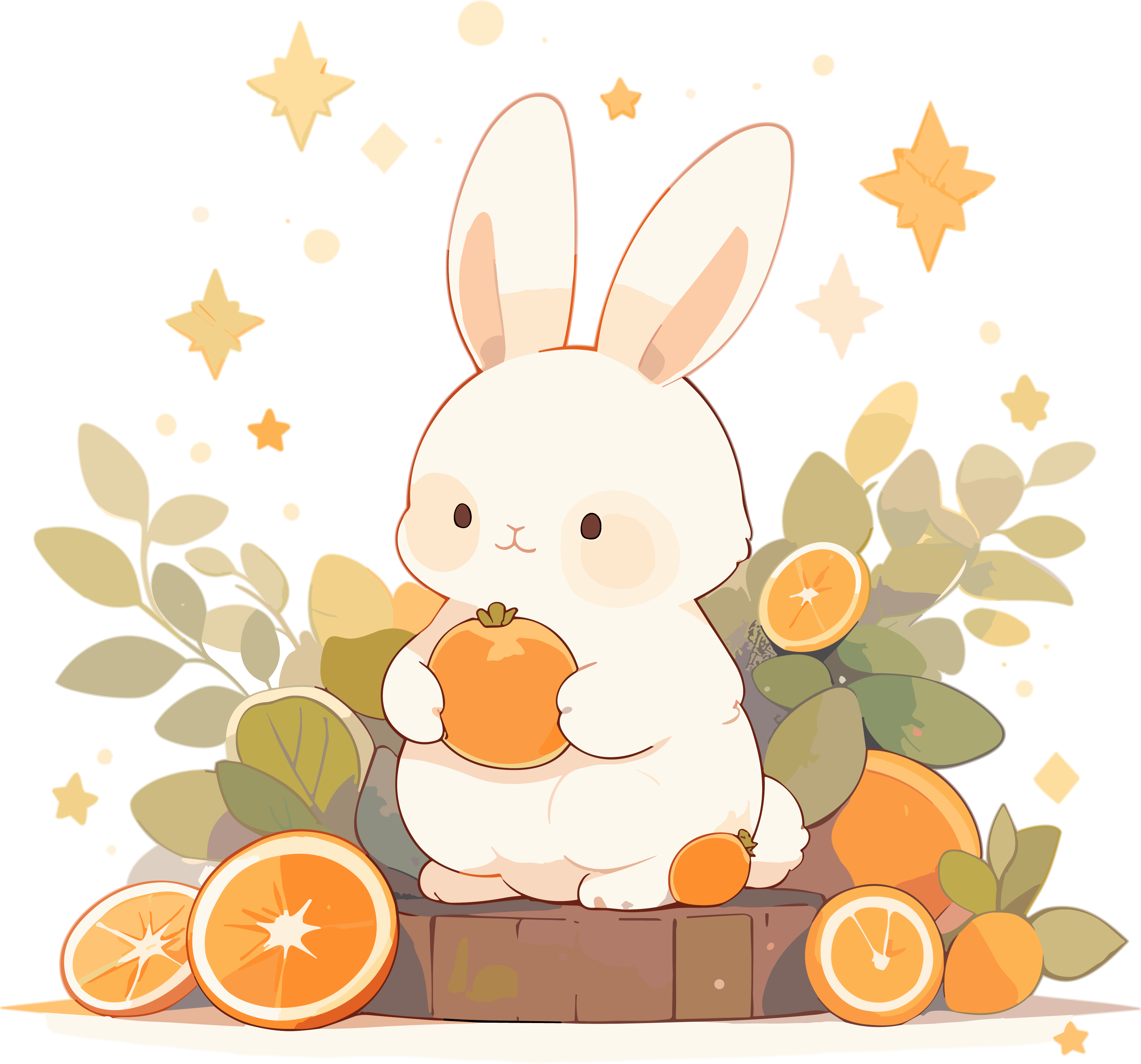 Hand-drawn cute rabbit holding a small orange illustration