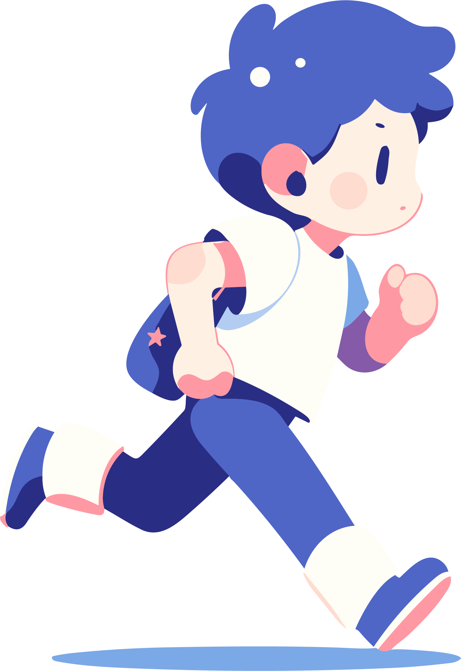 Simple line drawing of a boy with blue hair running material