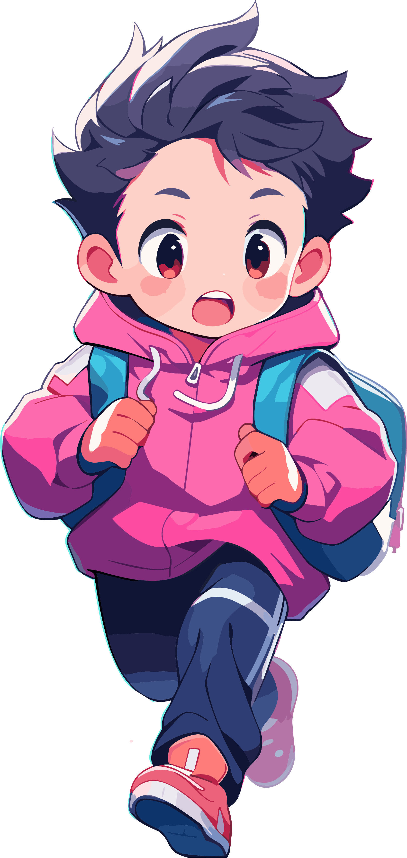 The cute boy in a purple coat is running