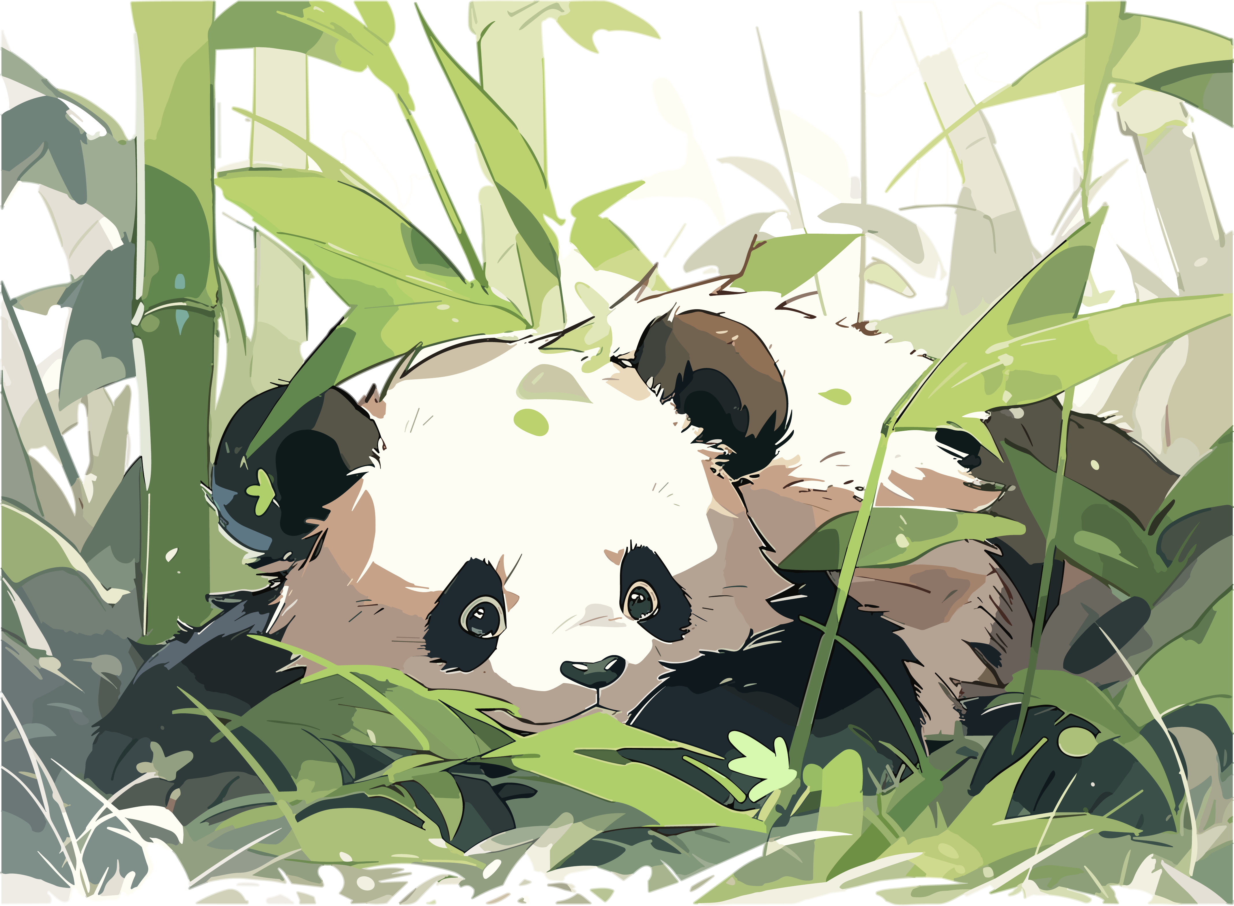 Panda illustration material lying on bamboo leaves