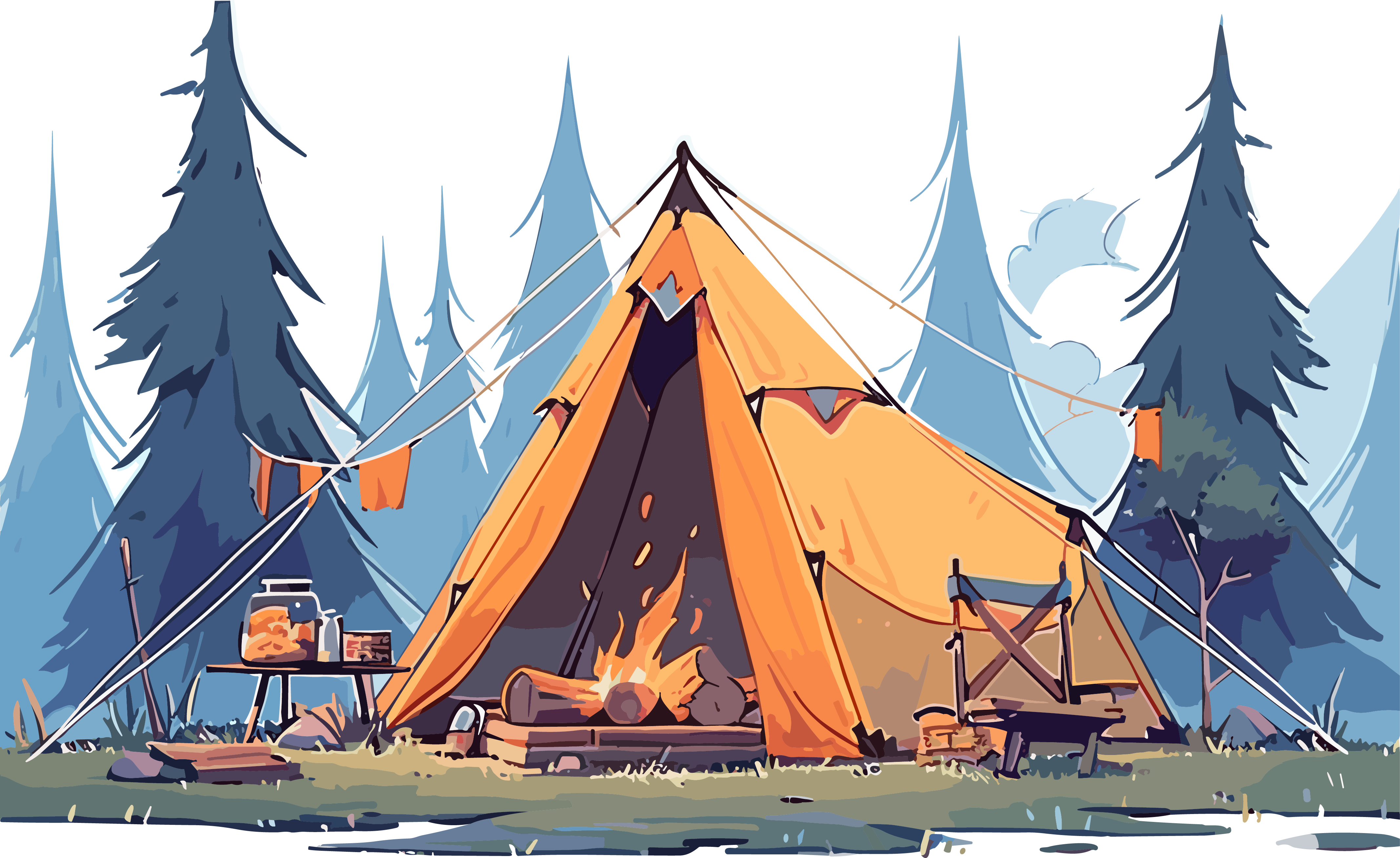 Outdoor camping tent nature scenery illustration