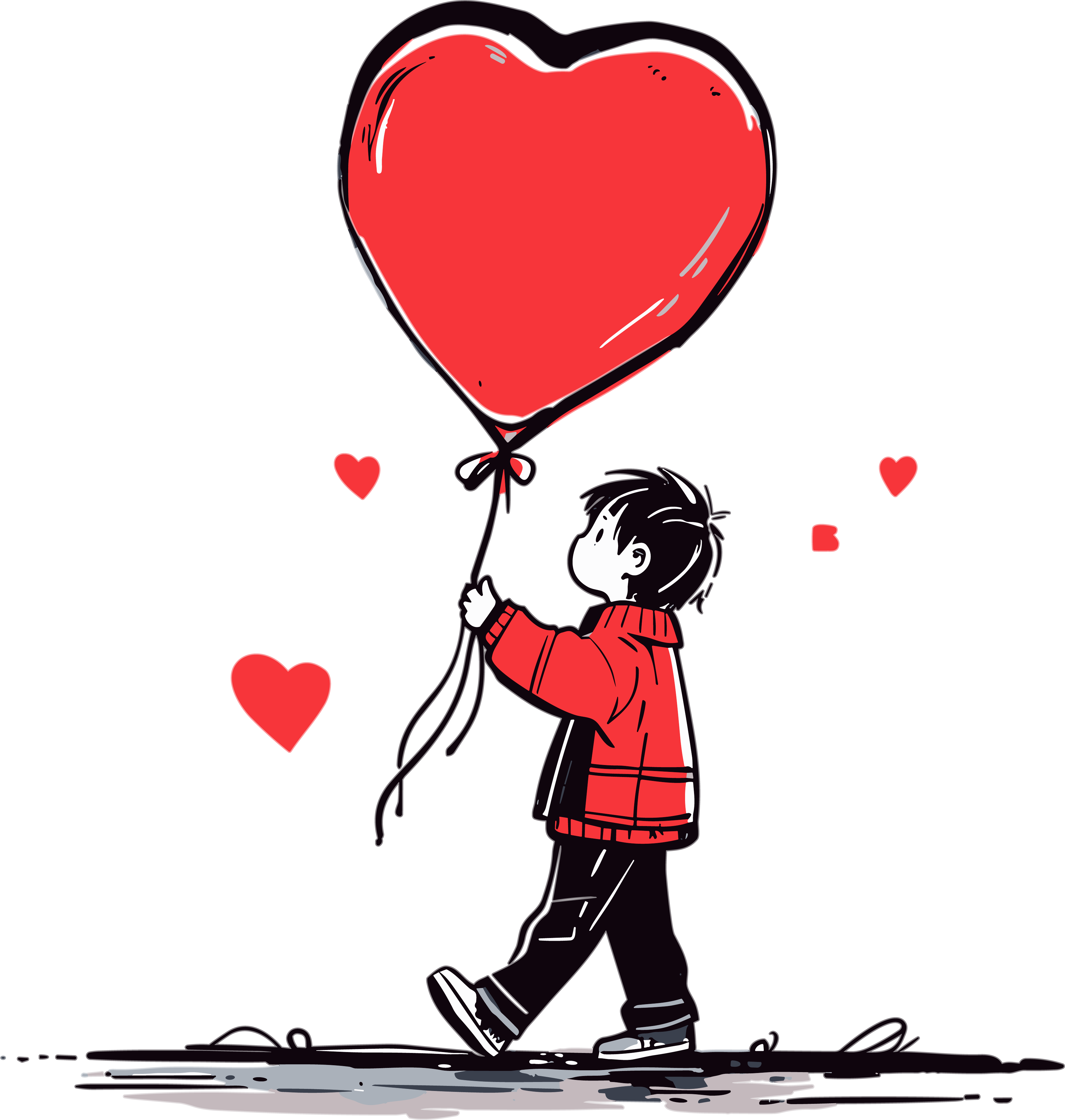 Commercially usable hand-drawn red heart balloon and little boy PNG material