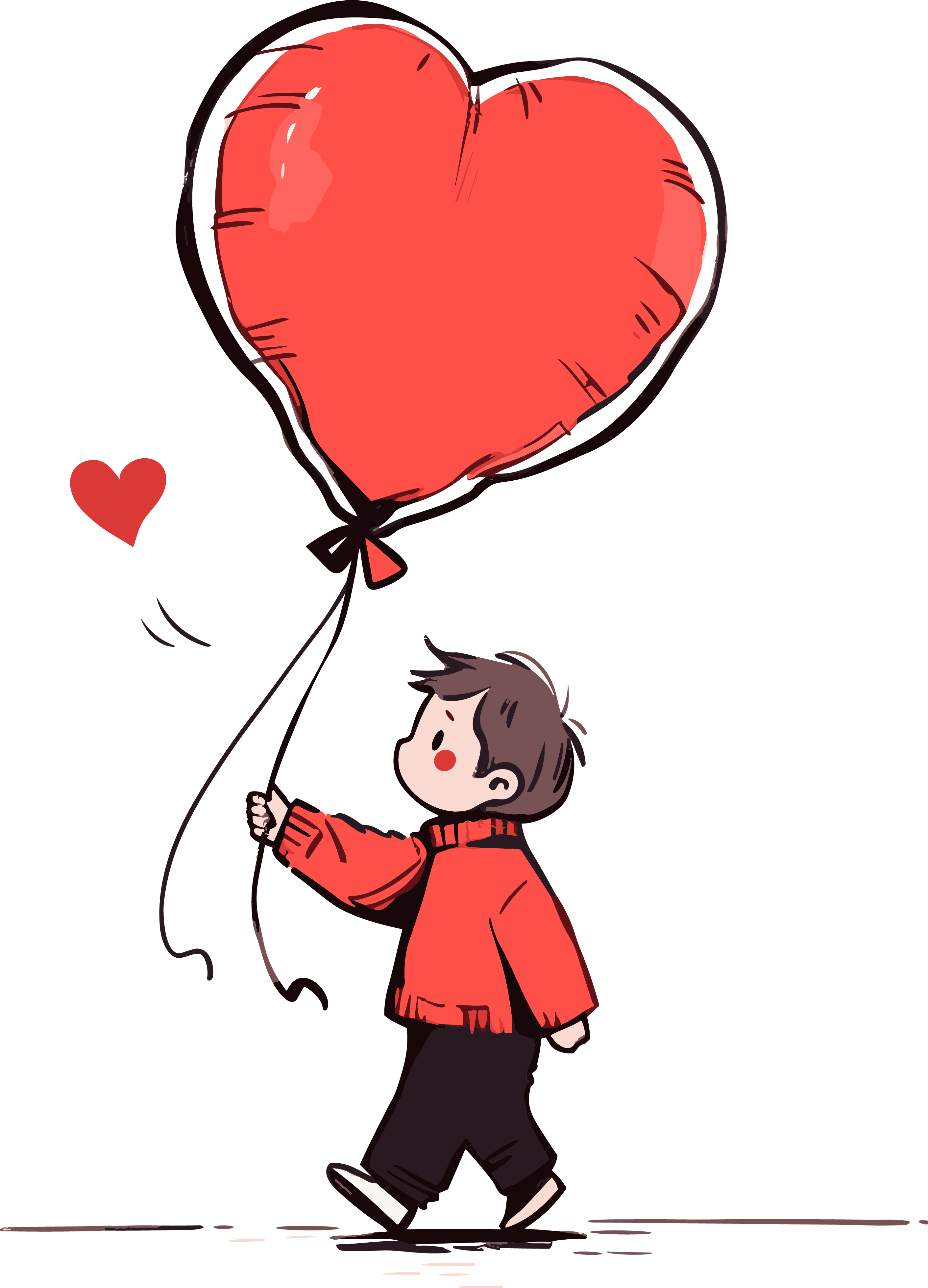 Flat hand-drawn style illustration design of a little boy holding a red heart balloon