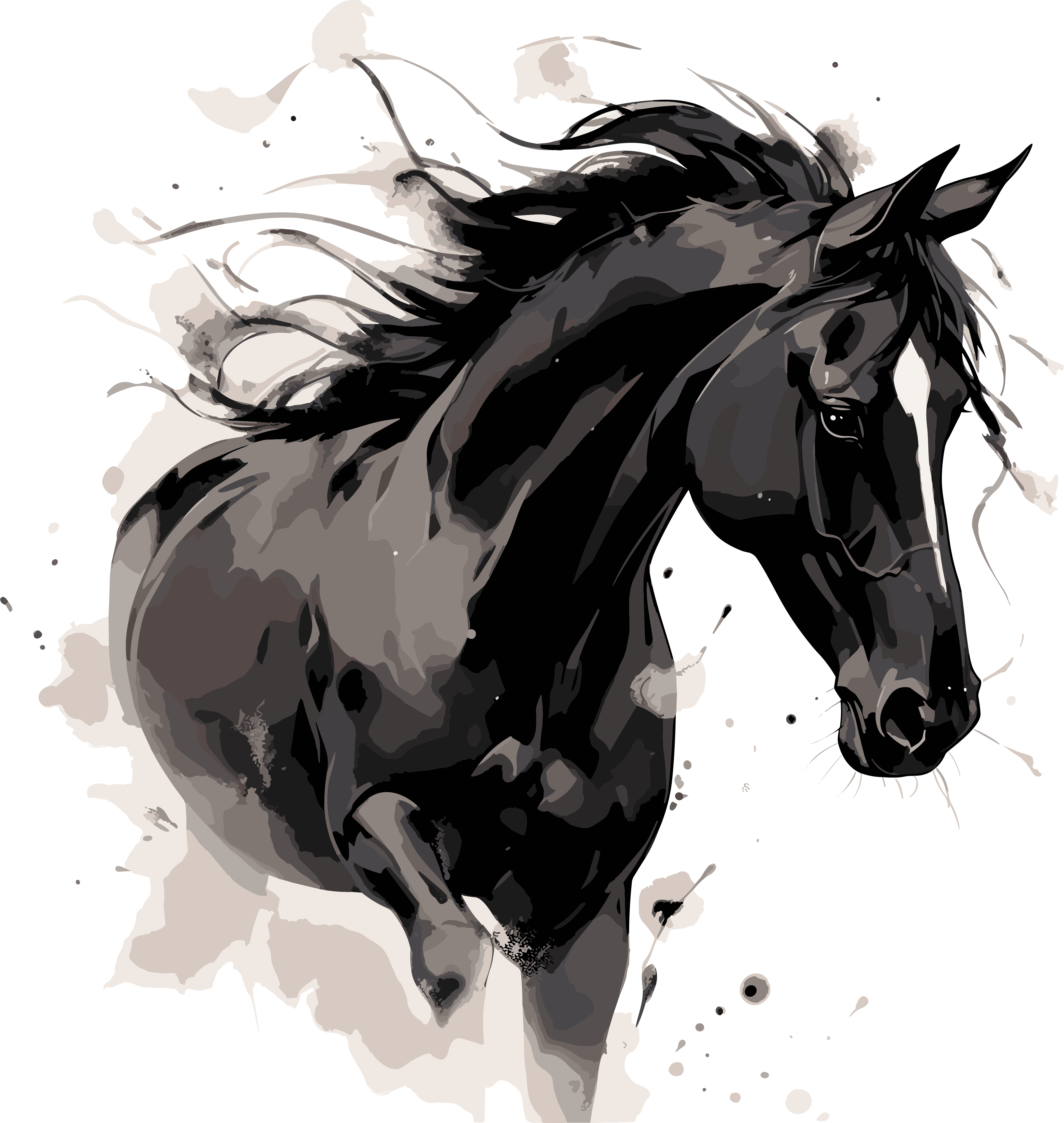 Transparent background ink wash painting of a galloping horse illustration