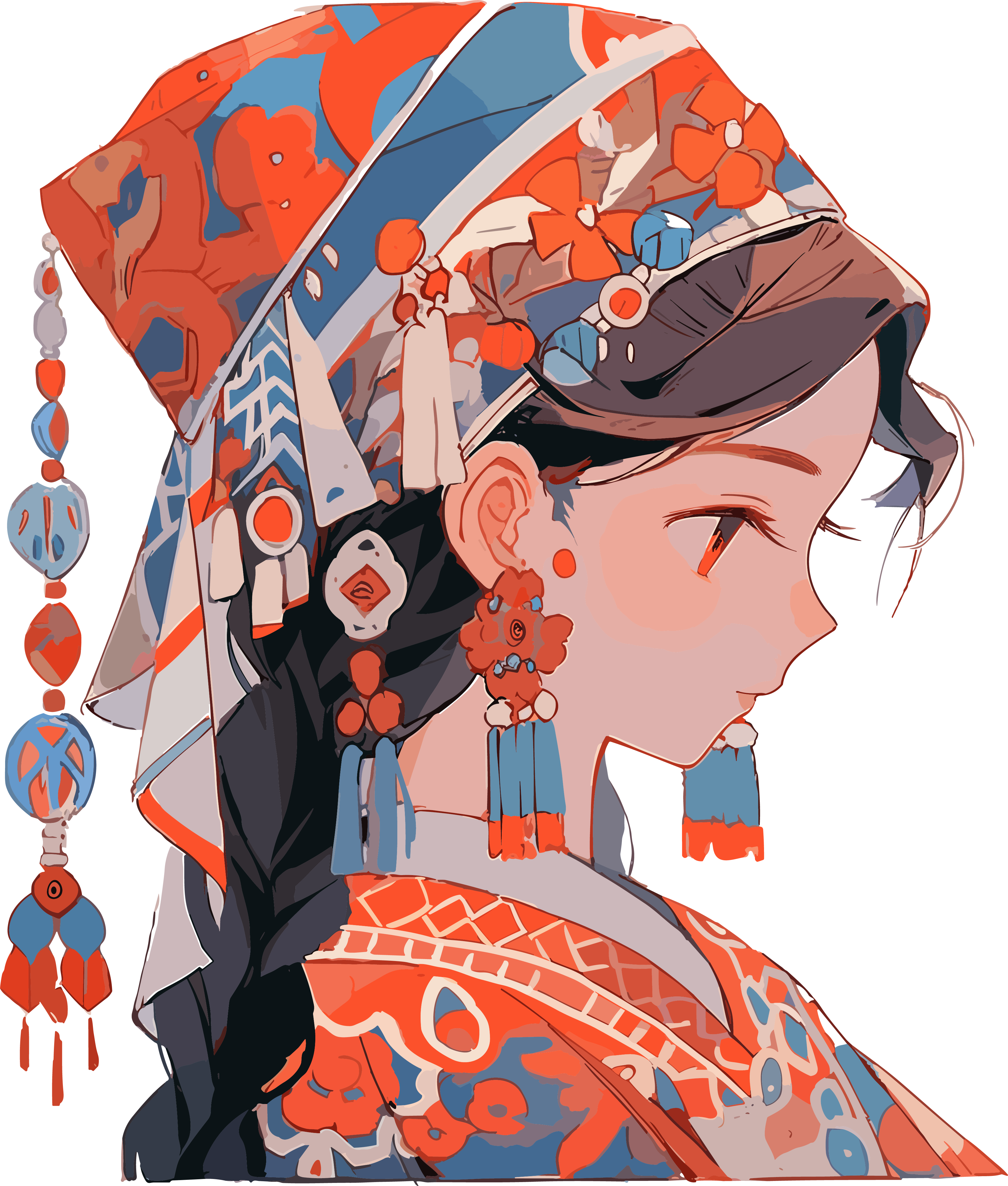 Contemporary Chinese art piece featuring a traditional woman wearing traditional jewelry