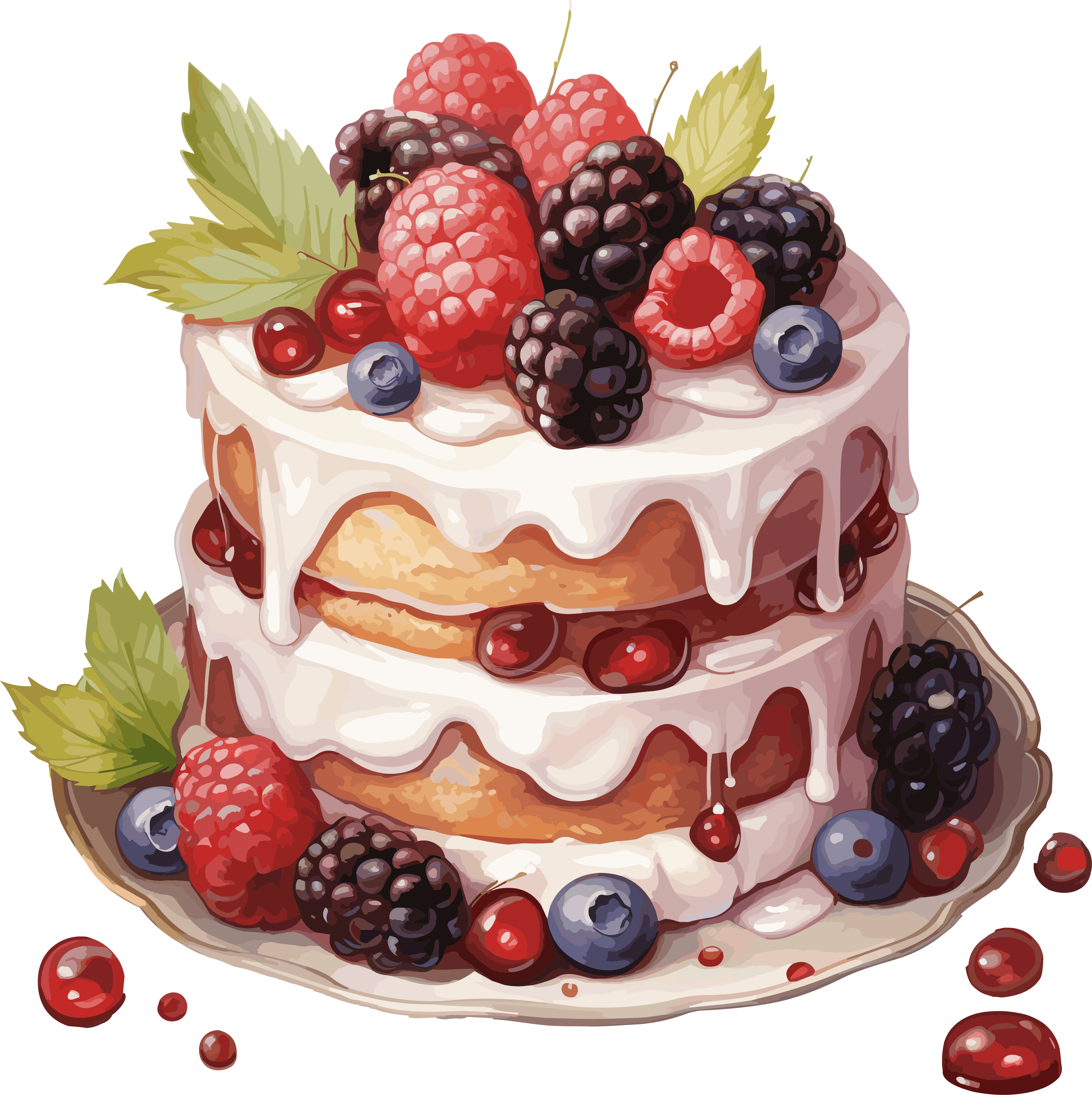 Illustration of a raspberry cake in a precise painting style