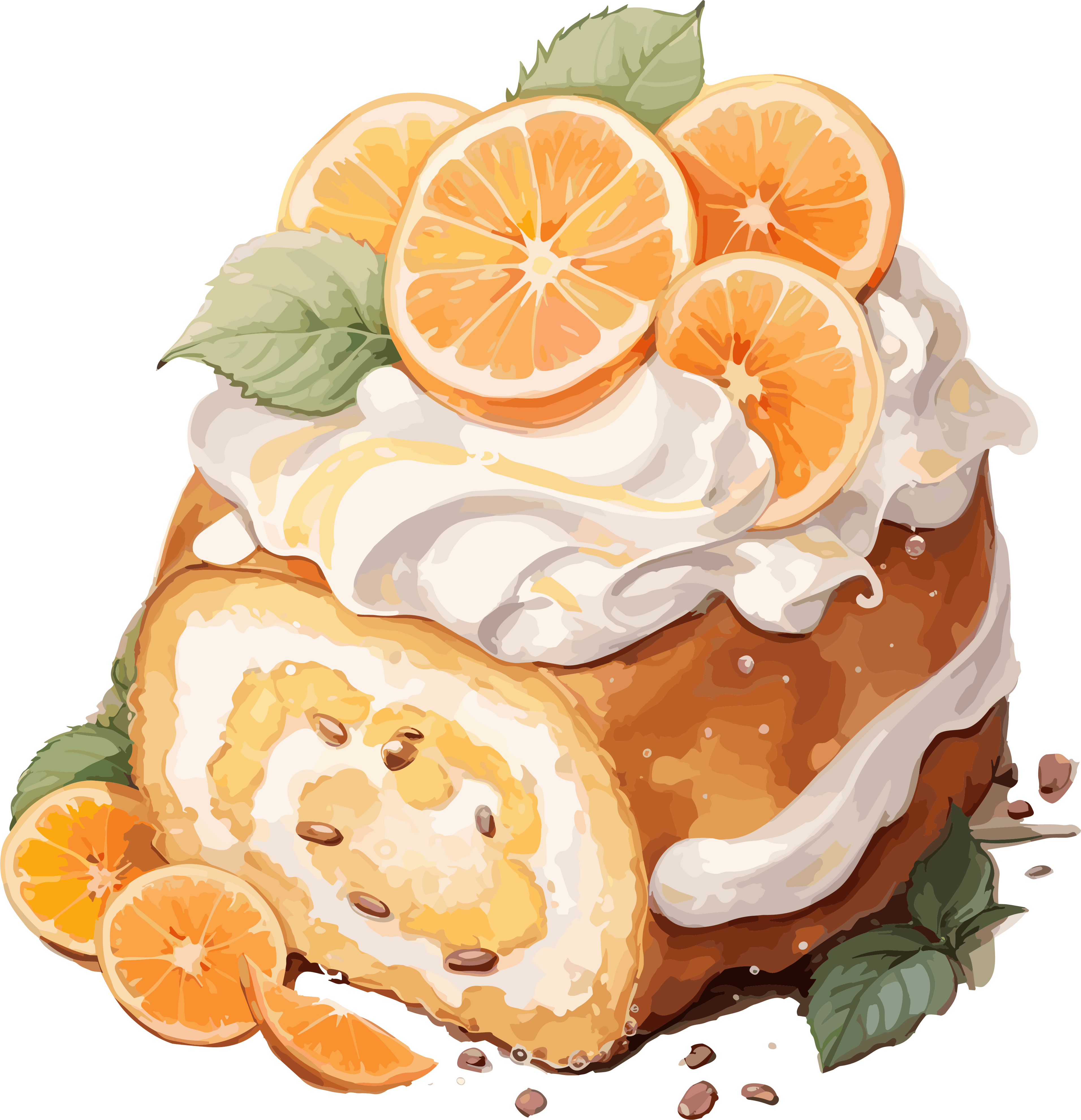 Watercolor soft and fluffy orange cake pattern illustration