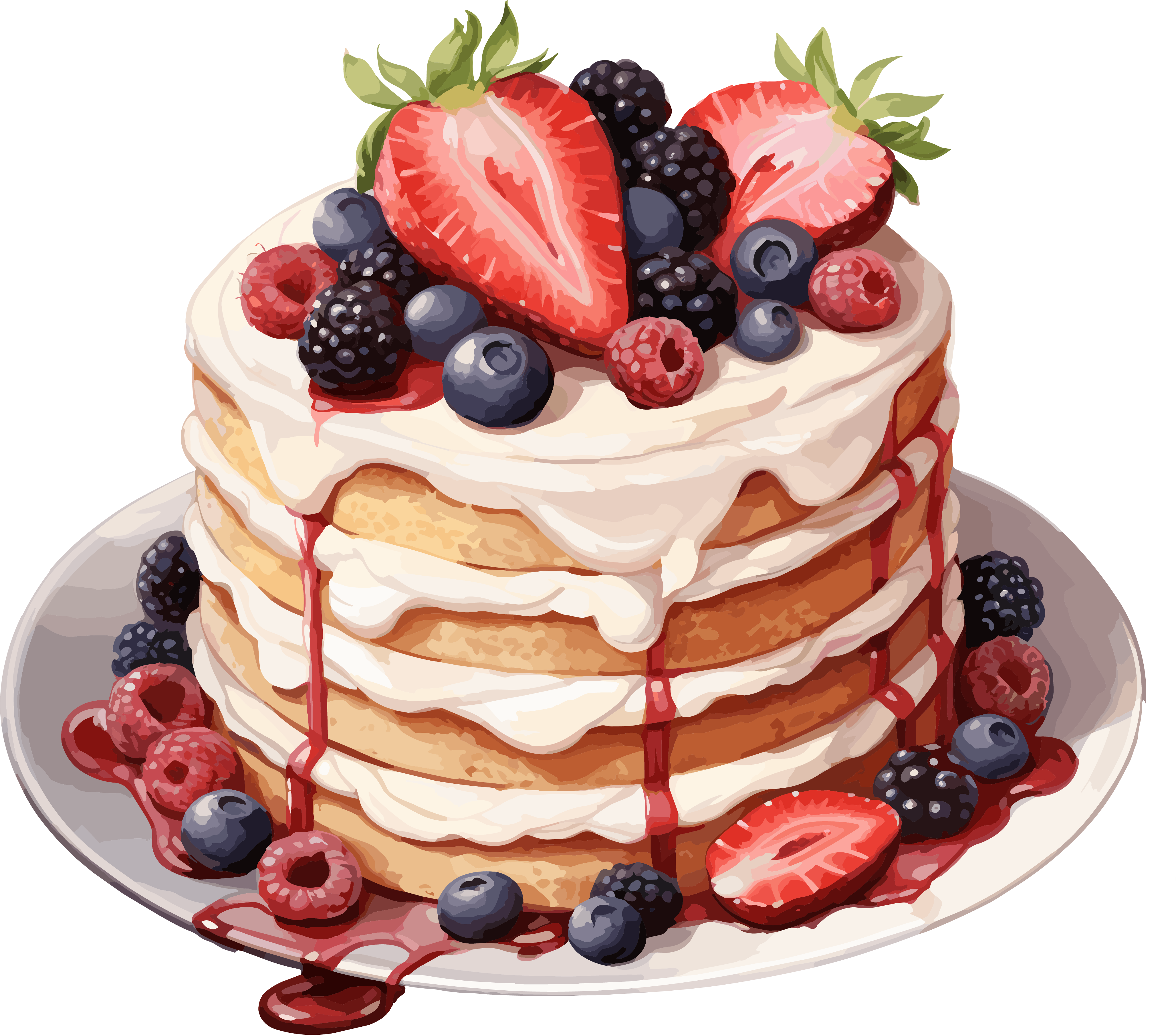 Nightcore style blackberry strawberry watercolor cake illustration