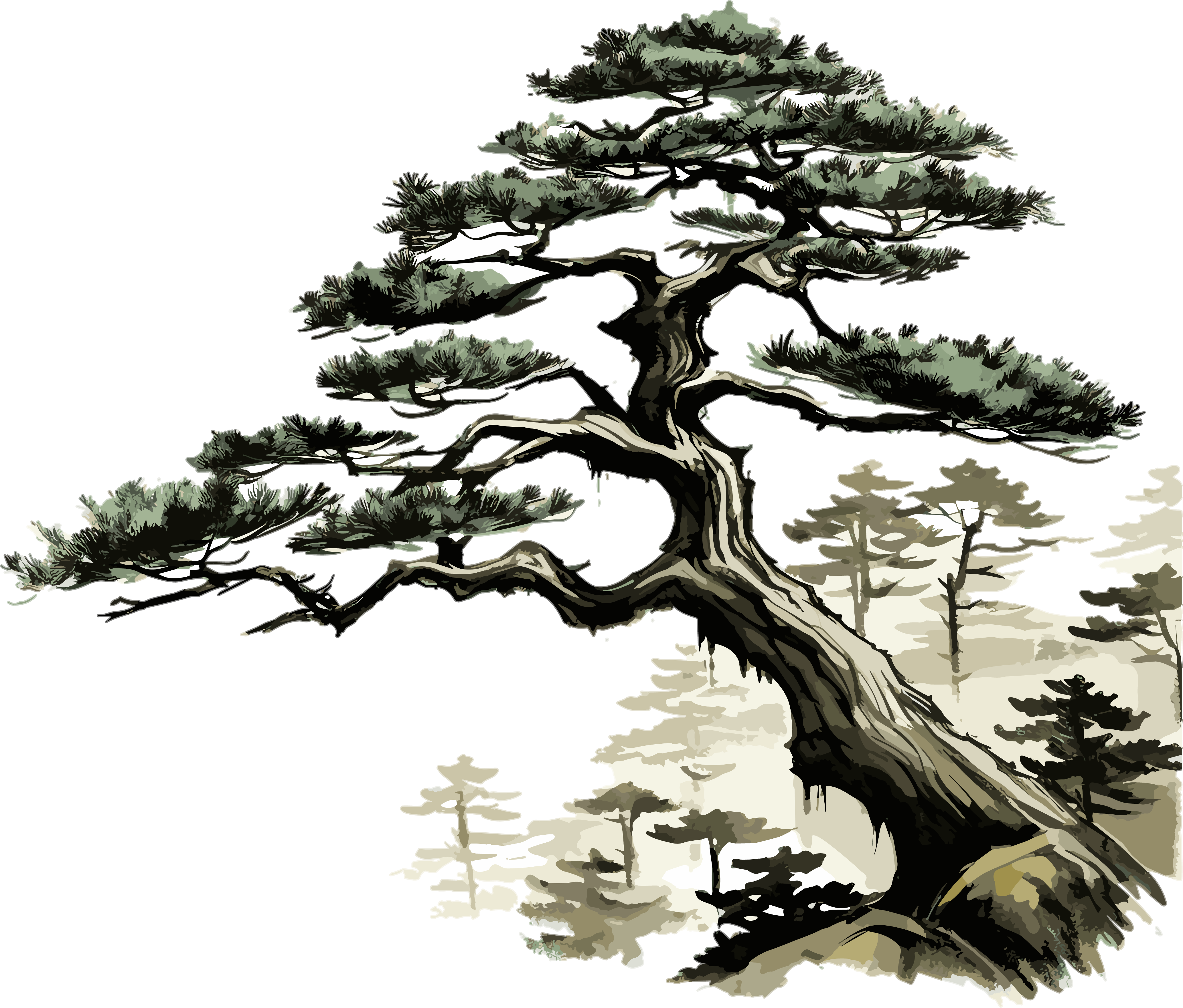 Chinese-style art piece of pine trees and mountains illustration