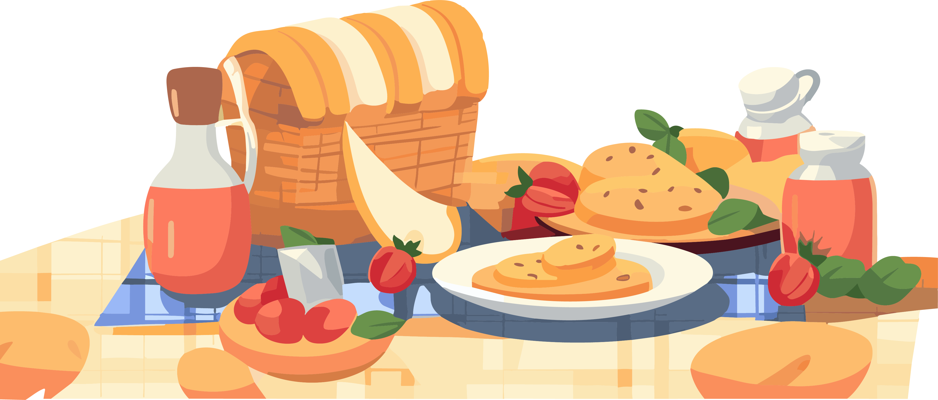 Illustration of food on an outdoor picnic blanket