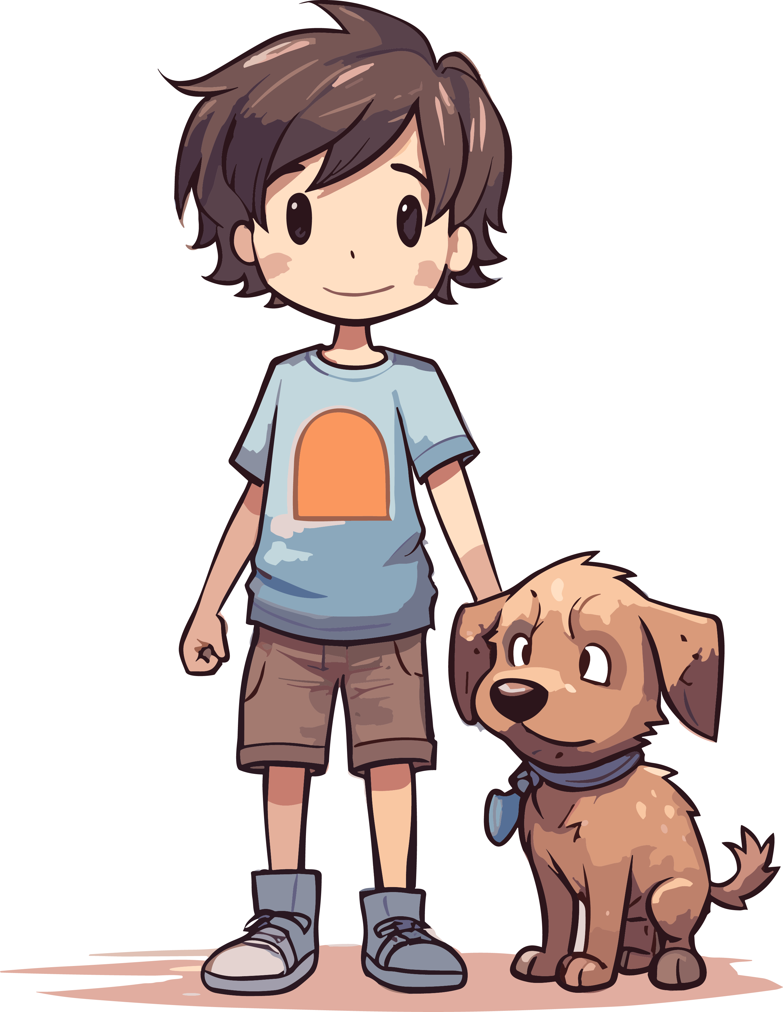 Line drawing of a boy walking a dog PNG illustration