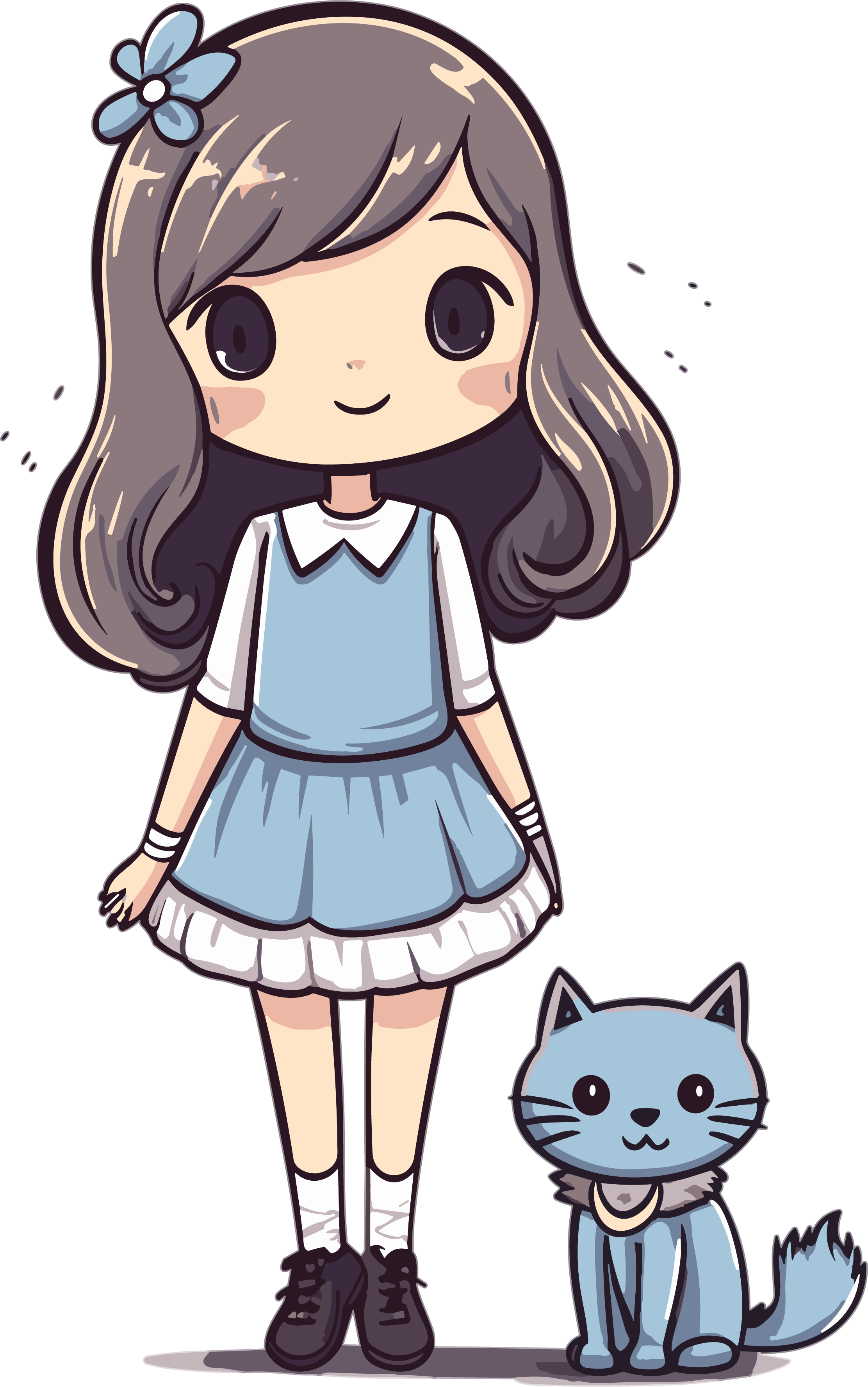 Commercial use girl wearing a blue dress accompanied by a kitten material