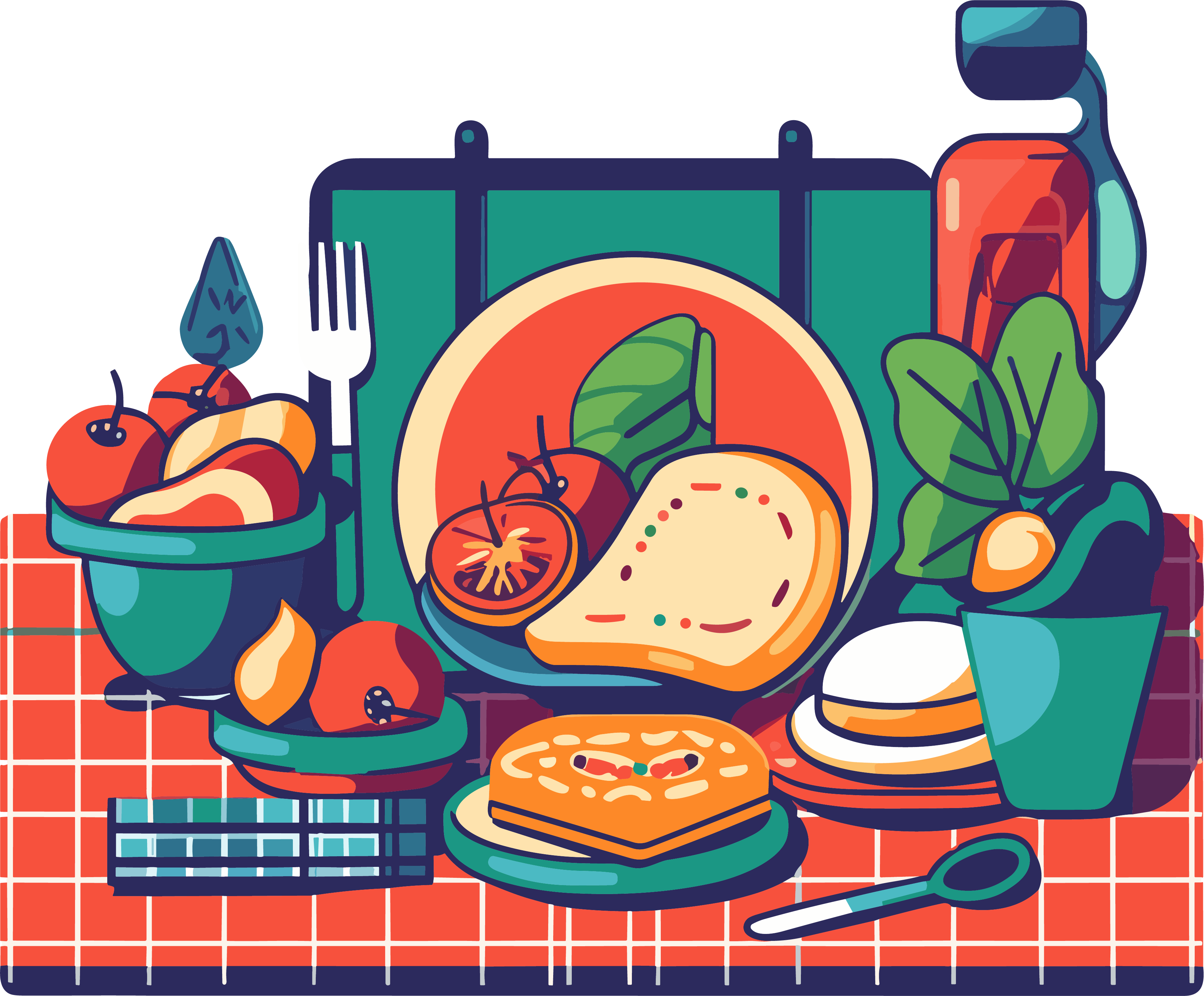 Exquisite illustration design of food on a picnic blanket