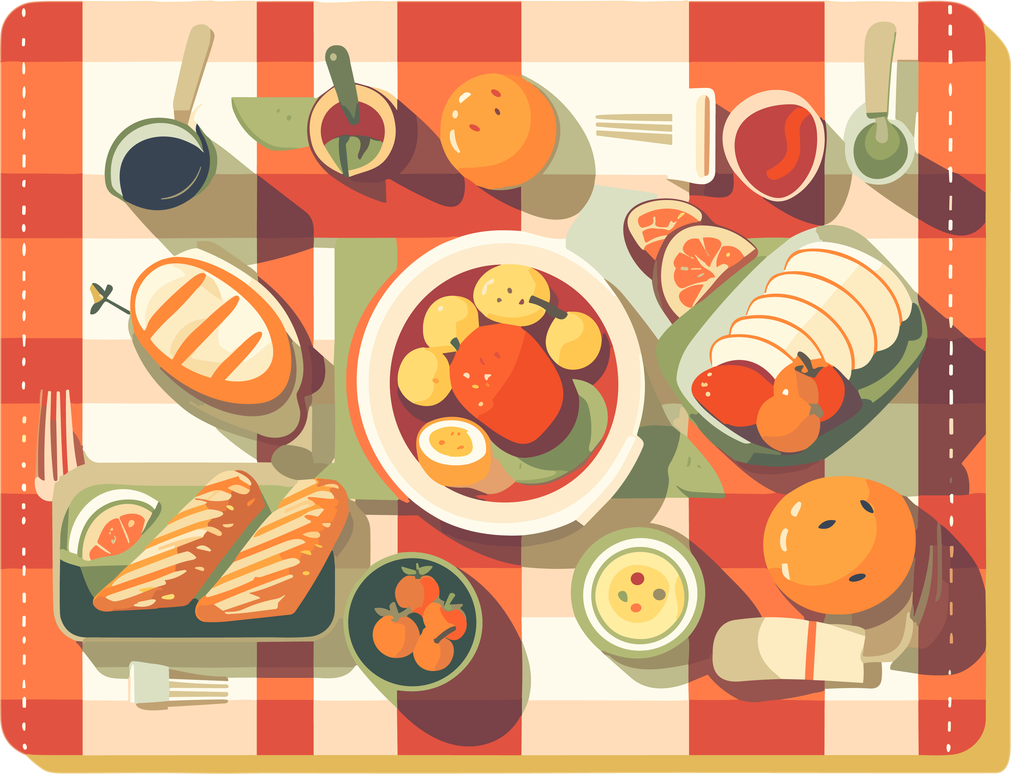 Outdoor picnic blanket food arrangement leisure relaxation illustration