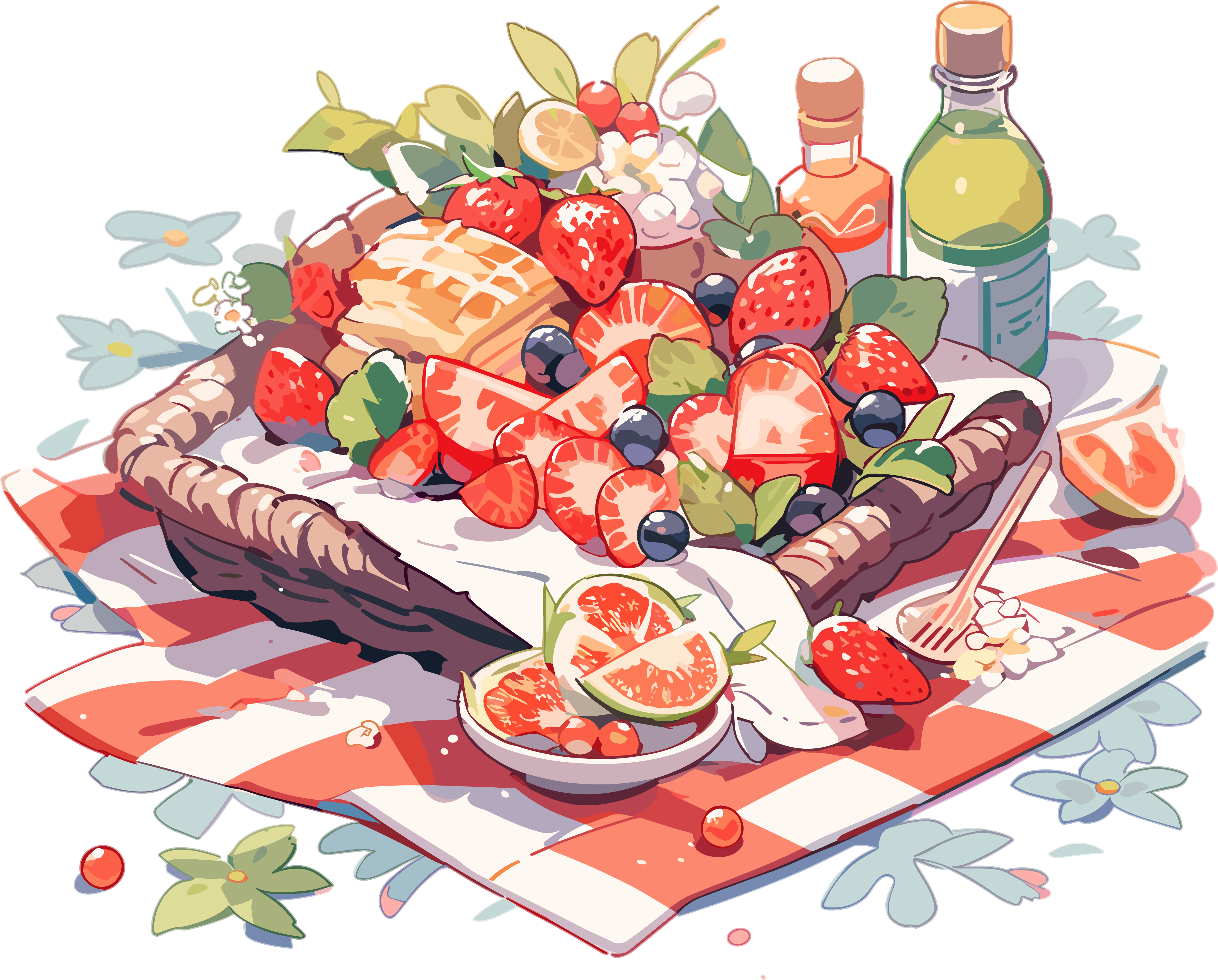 Illustration of food on a transparent background outdoor picnic blanket
