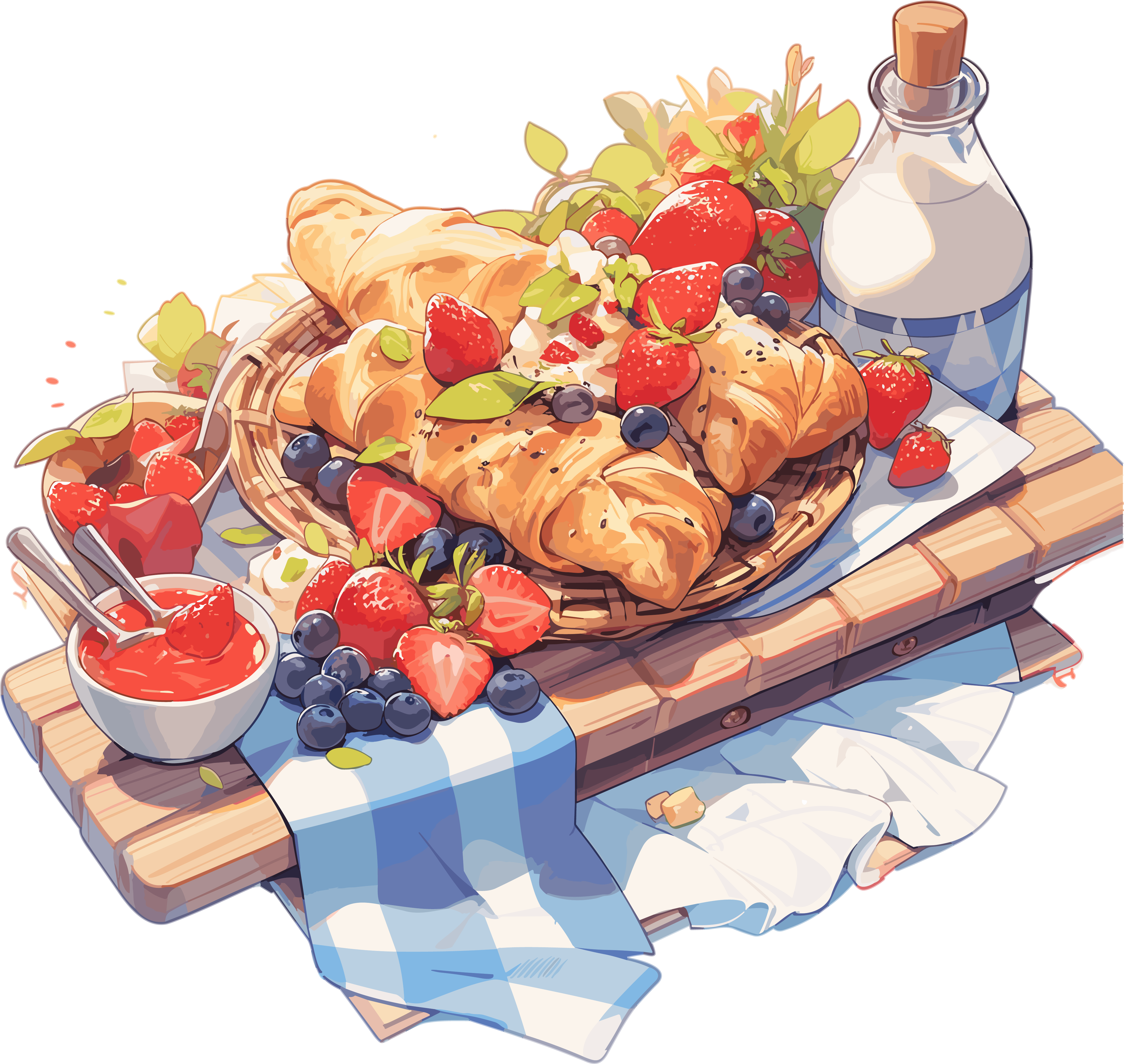 High-definition illustration design of an outdoor picnic blanket filled with delicious food