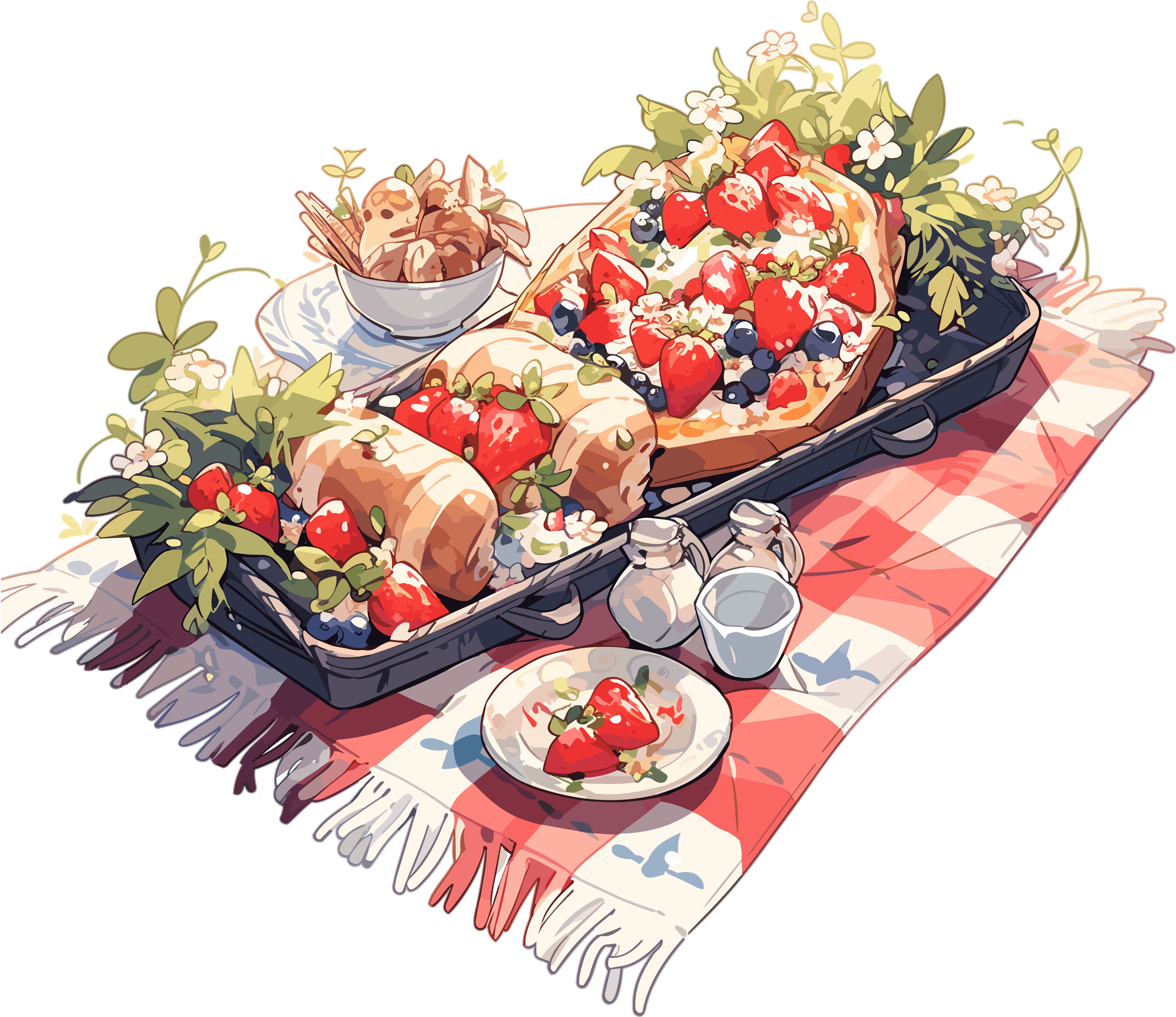 Illustration of food on a picnic blanket with a transparent background