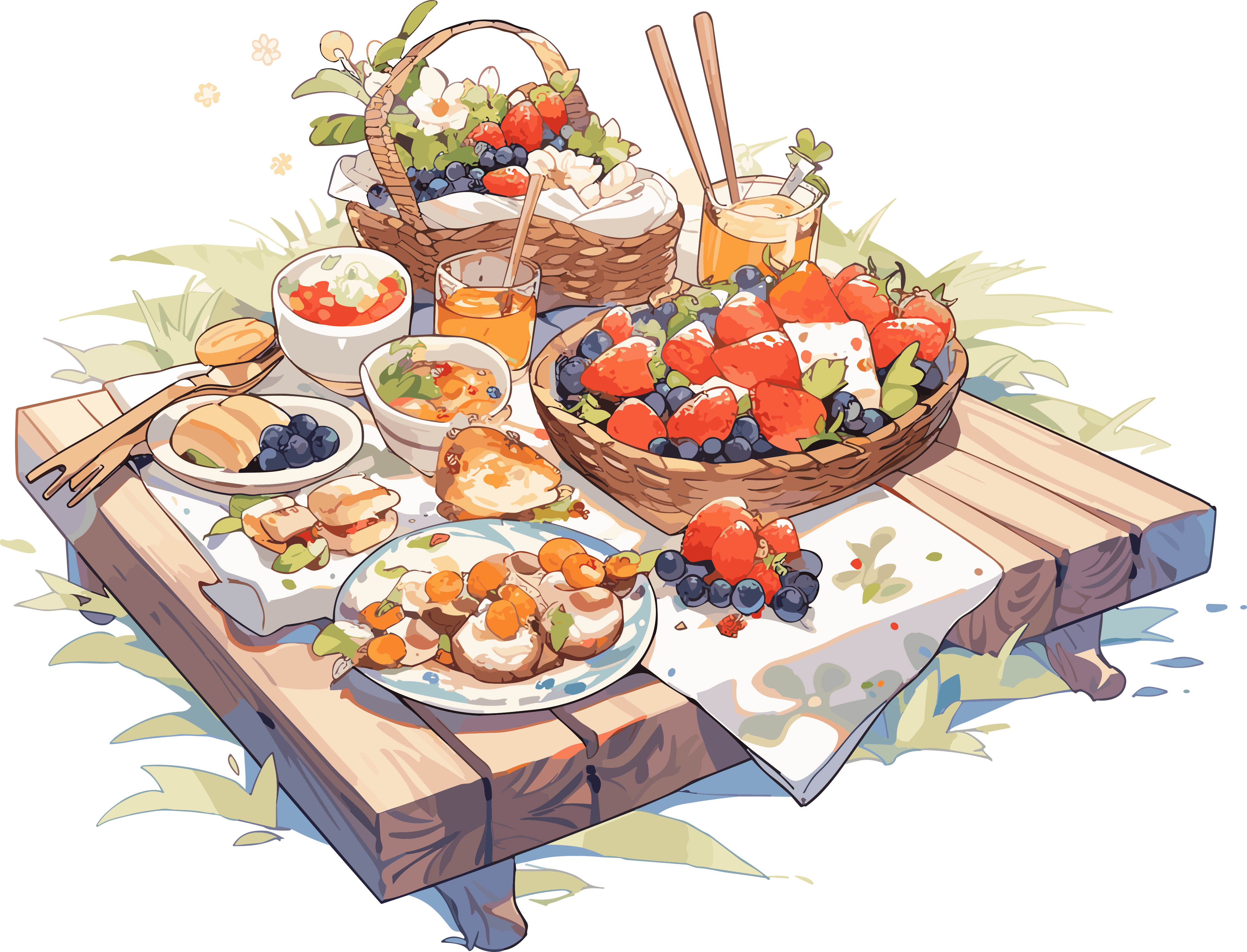 Outdoor picnic blanket and food illustration materials