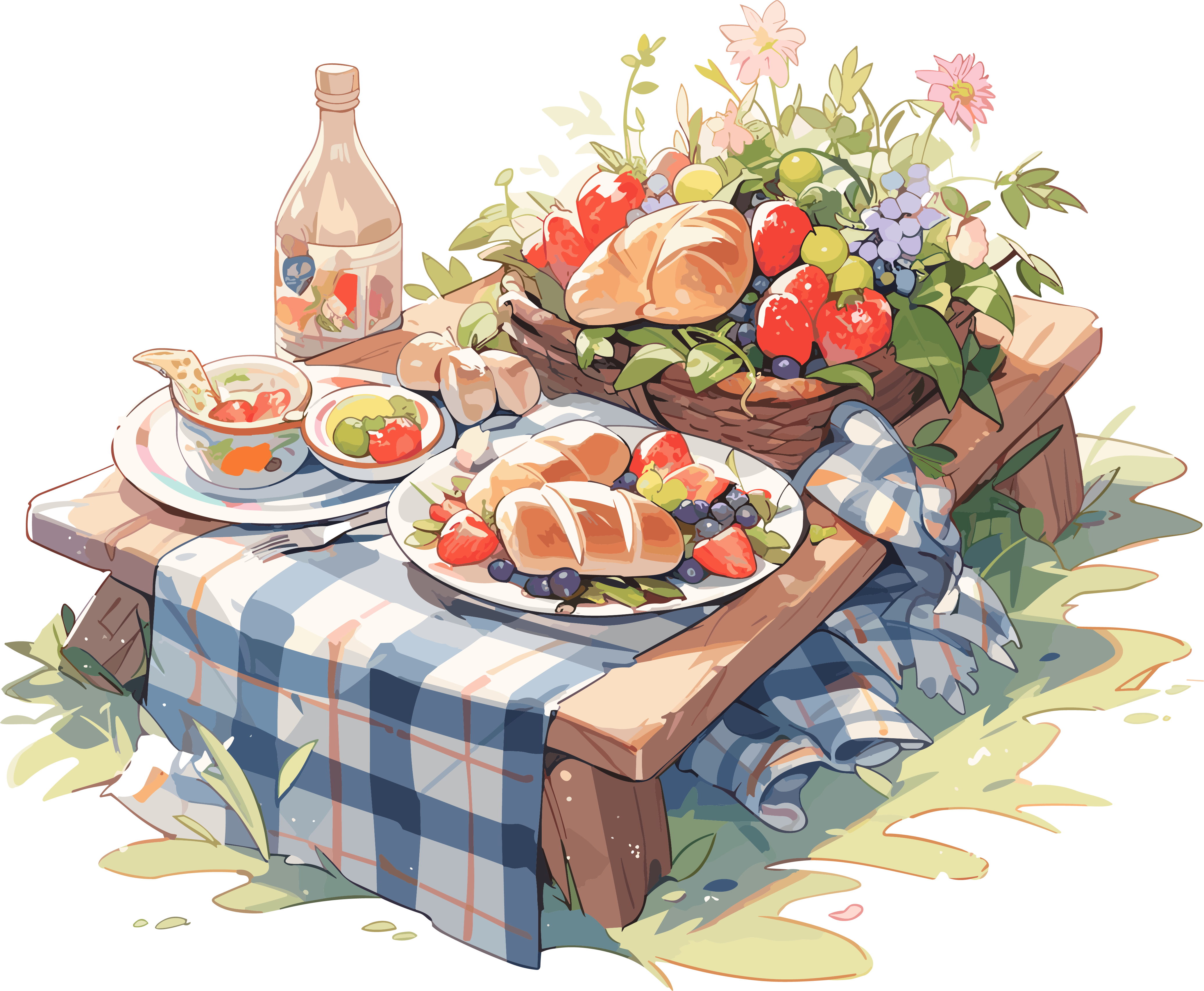 Blue picnic blanket, bread, wine, commercial illustration