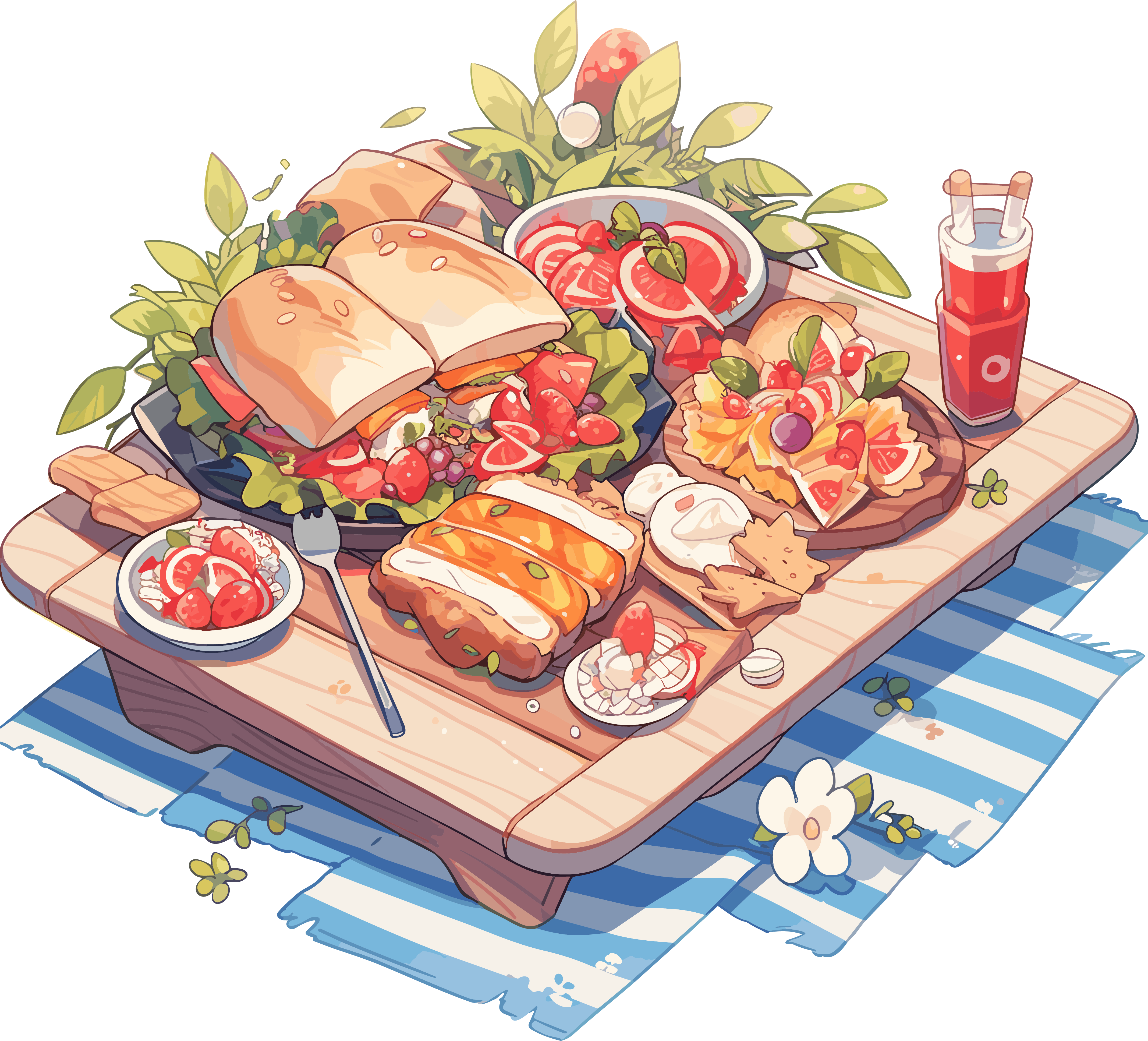 Creative illustration of food elements on an outdoor picnic blanket with a transparent background