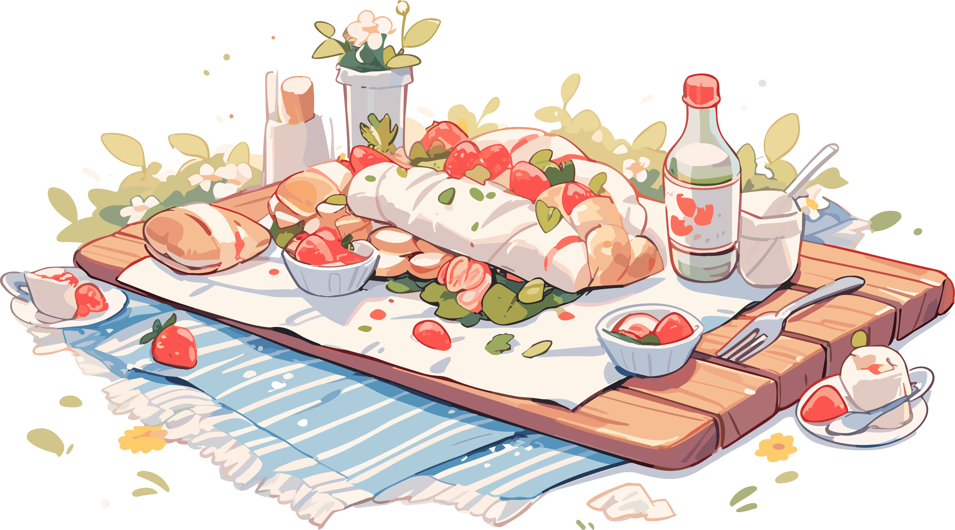 High-definition illustration material of an outdoor picnic blanket filled with delicious food