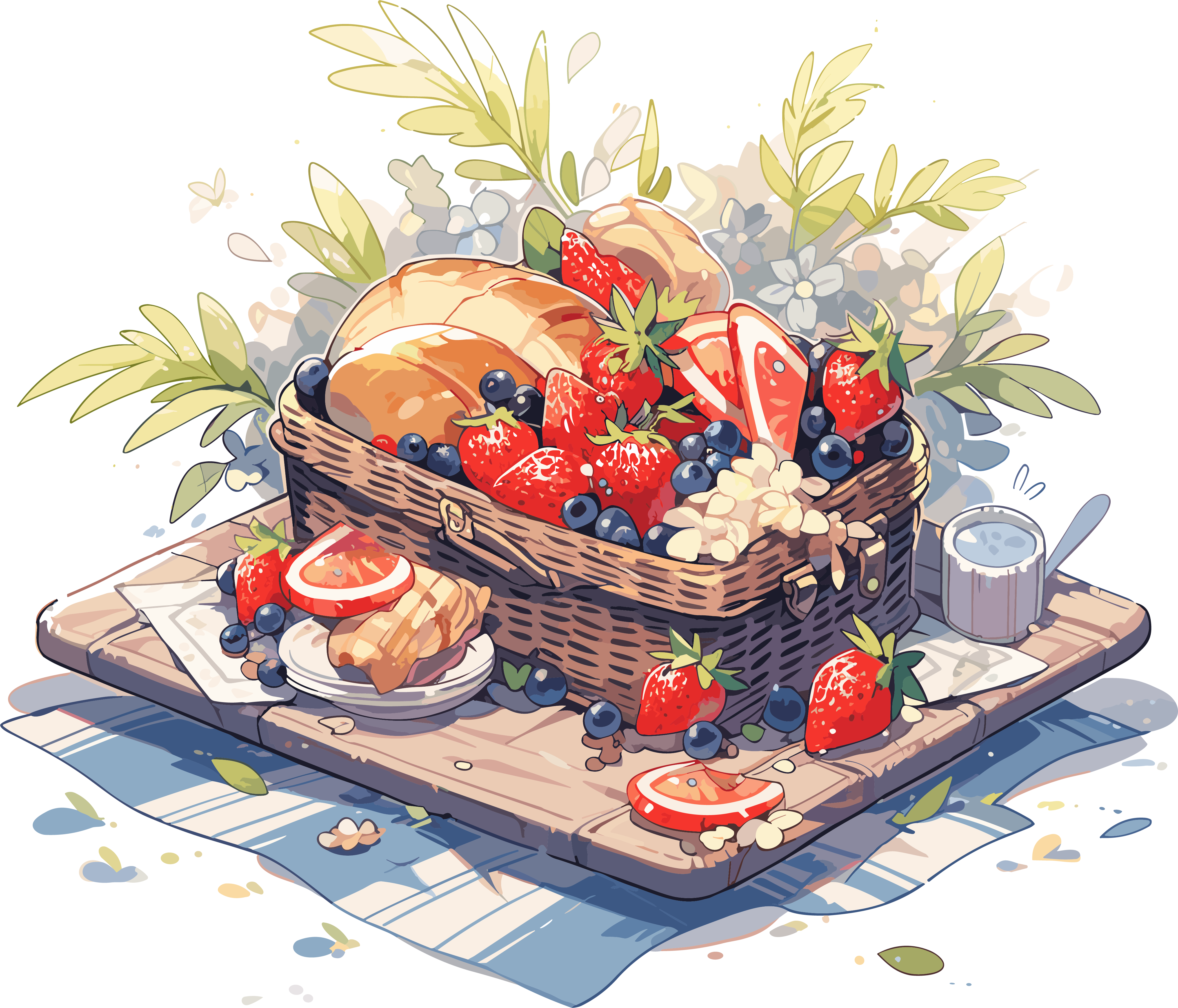 Graphic design material of a picnic blanket filled with bread and fruits